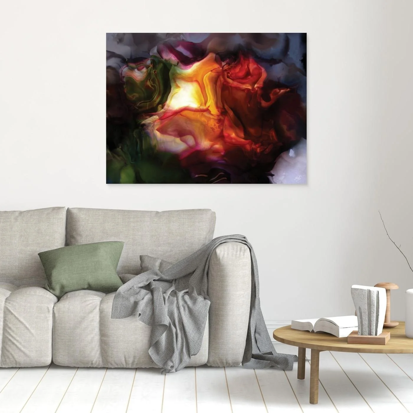 Moody abstract fine art print with a glowing translucent floral shape in fiery orange, deep red, and dark green tones surrounded by smoky textures, framed and ready to hang. In living room