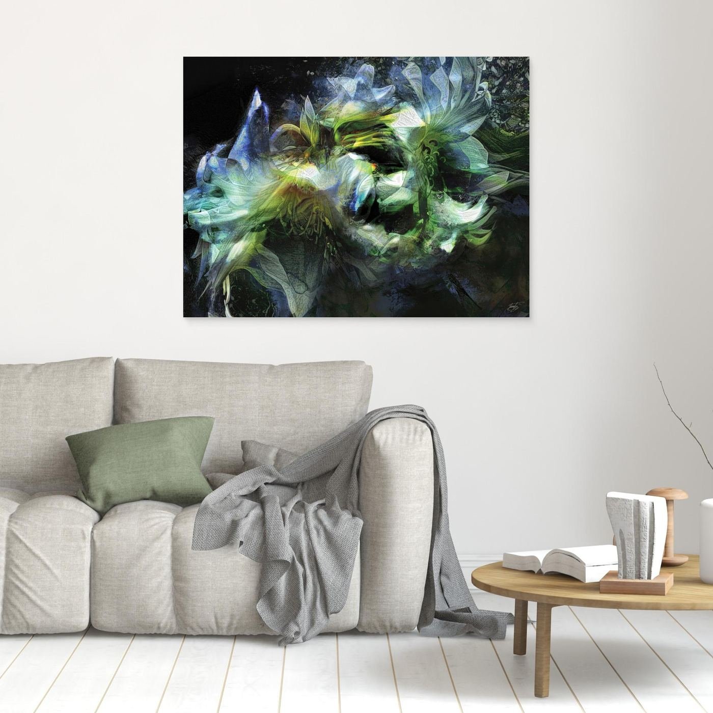 Abstract fine art print featuring ethereal lily flowers with intricate layered textures in green, teal, and blue tones against a dark background, framed and ready to hang. In living room