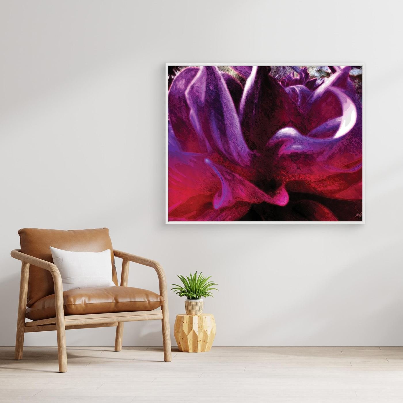 Abstract fine art print showcasing a close-up of dramatic fluid floral shapes and textures in rich purple, violet, and deep magenta tones, framed and ready to hang. With chair