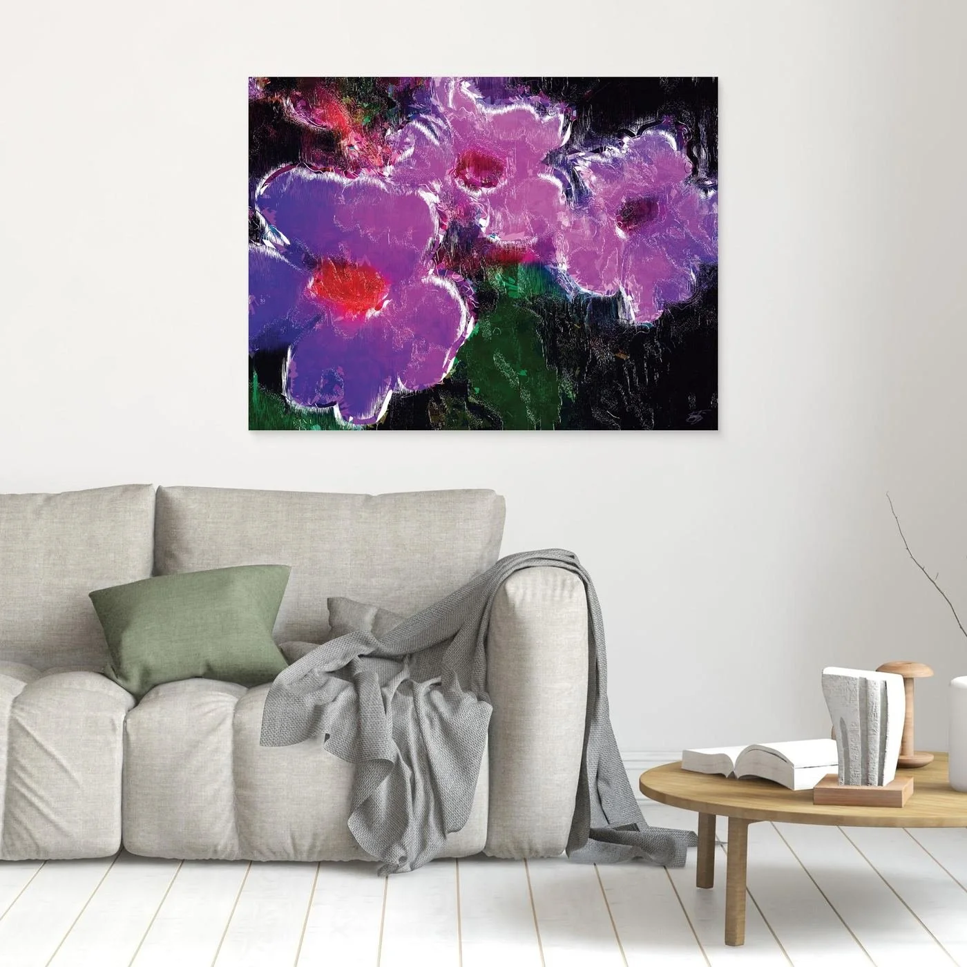 Abstract fine art print showcasing vibrant violet and lavender flowers with digital glitch textures against a dark moody background, framed and ready to hang. In living room
