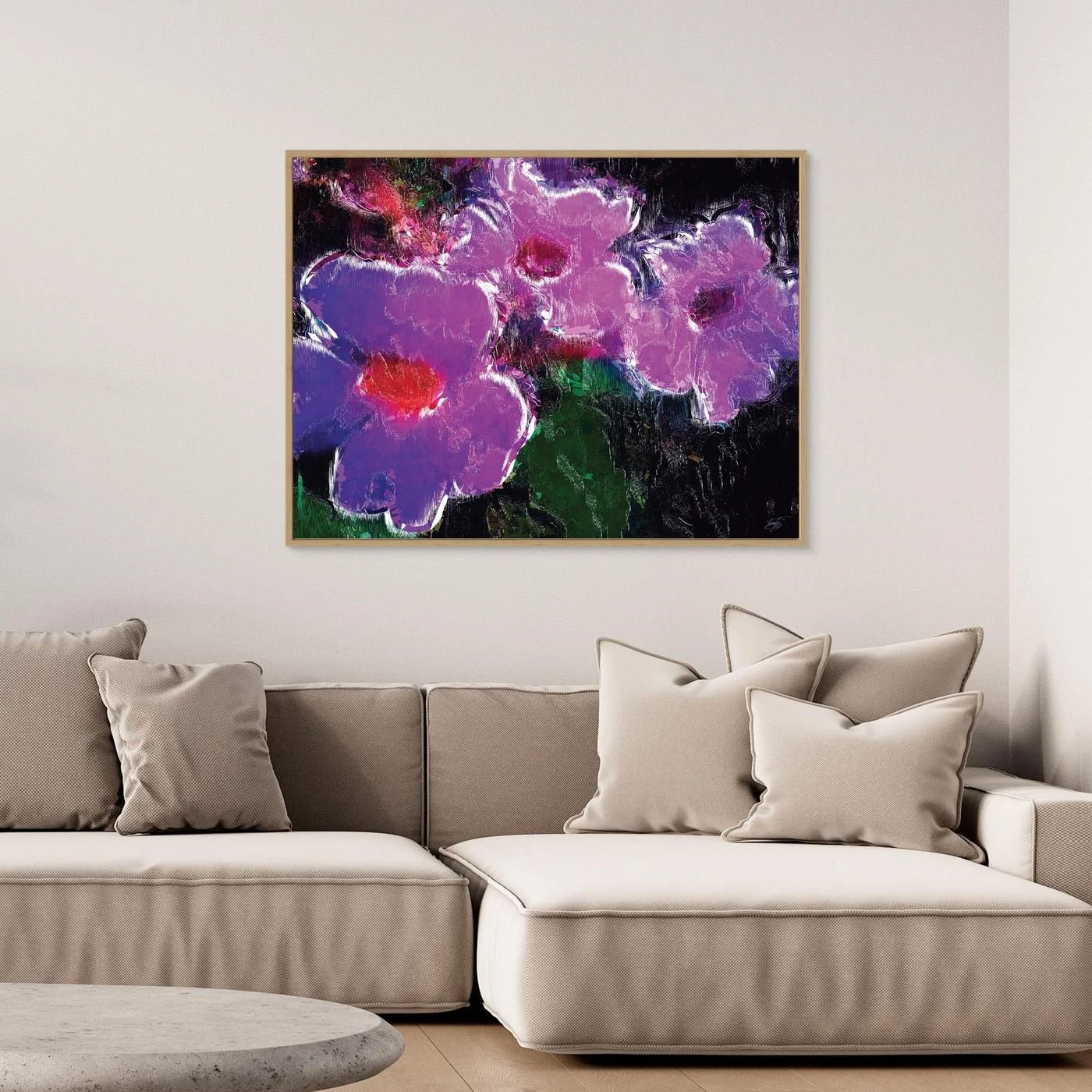 Abstract fine art print showcasing vibrant violet and lavender flowers with digital glitch textures against a dark moody background, framed and ready to hang. Over grey sofa