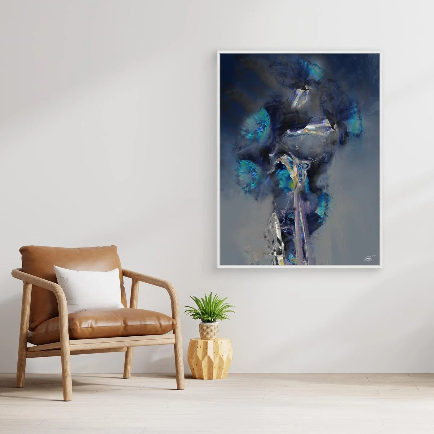 Moody abstract fine art print showcasing ethereal translucent flowers in deep navy blue, teal, and glowing turquoise tones over a smoky gray background, framed and ready to hang. With chair