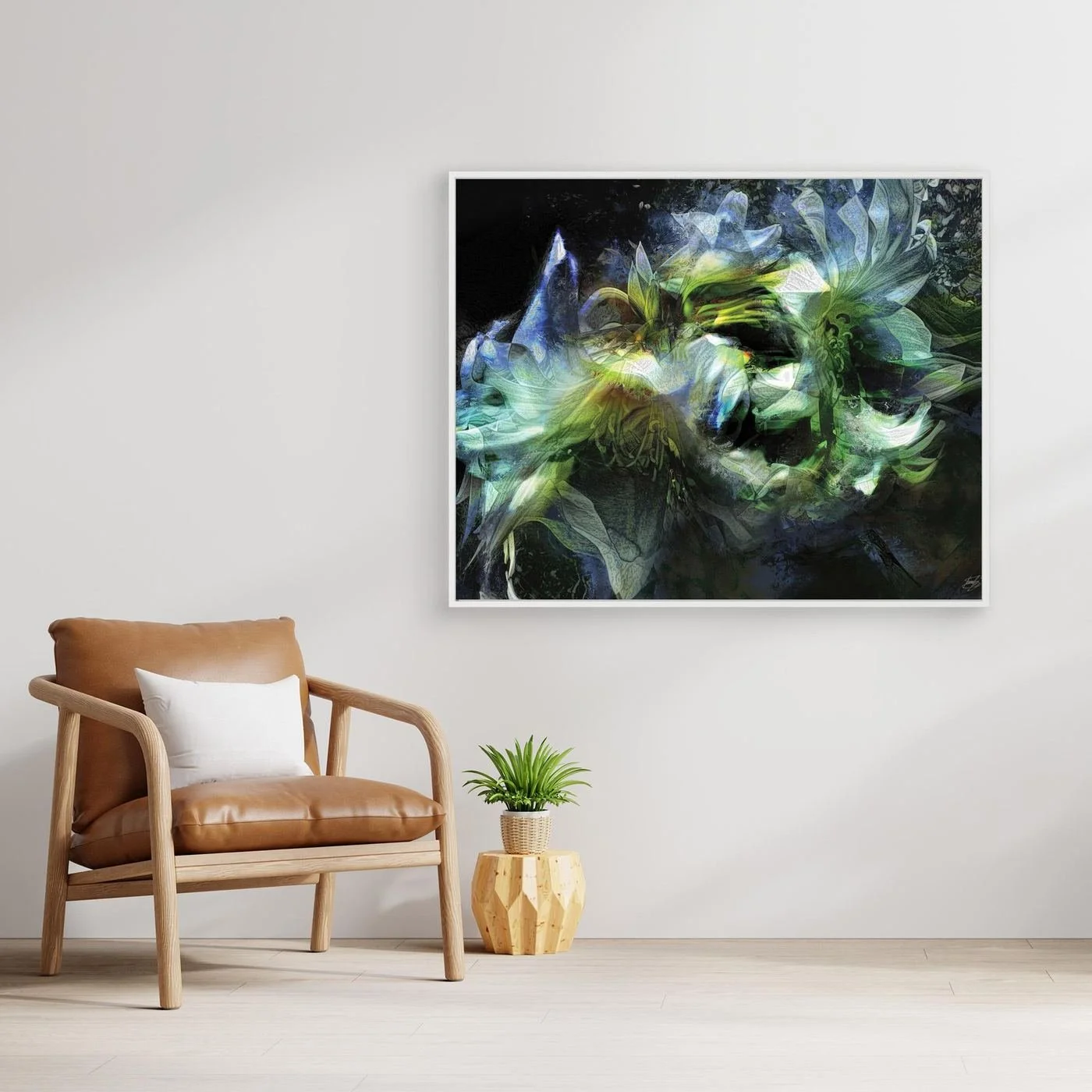 Abstract fine art print featuring ethereal lily flowers with intricate layered textures in green, teal, and blue tones against a dark background, framed and ready to hang. With chair