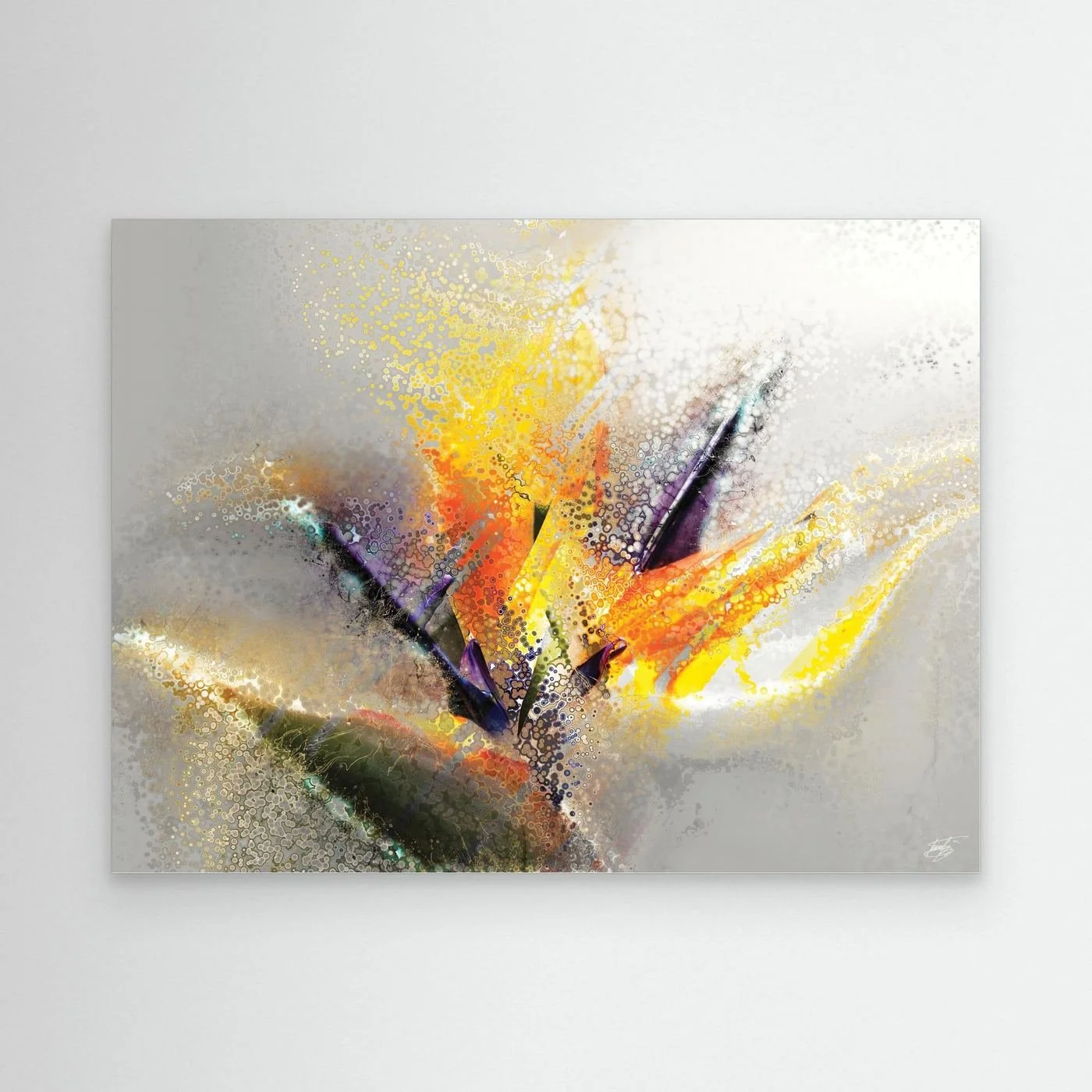 Luminous abstract fine art print evoking an exotic flower with stipple and splash textures in vibrant yellow, orange, and purple over a light gray background, framed and ready to hang.