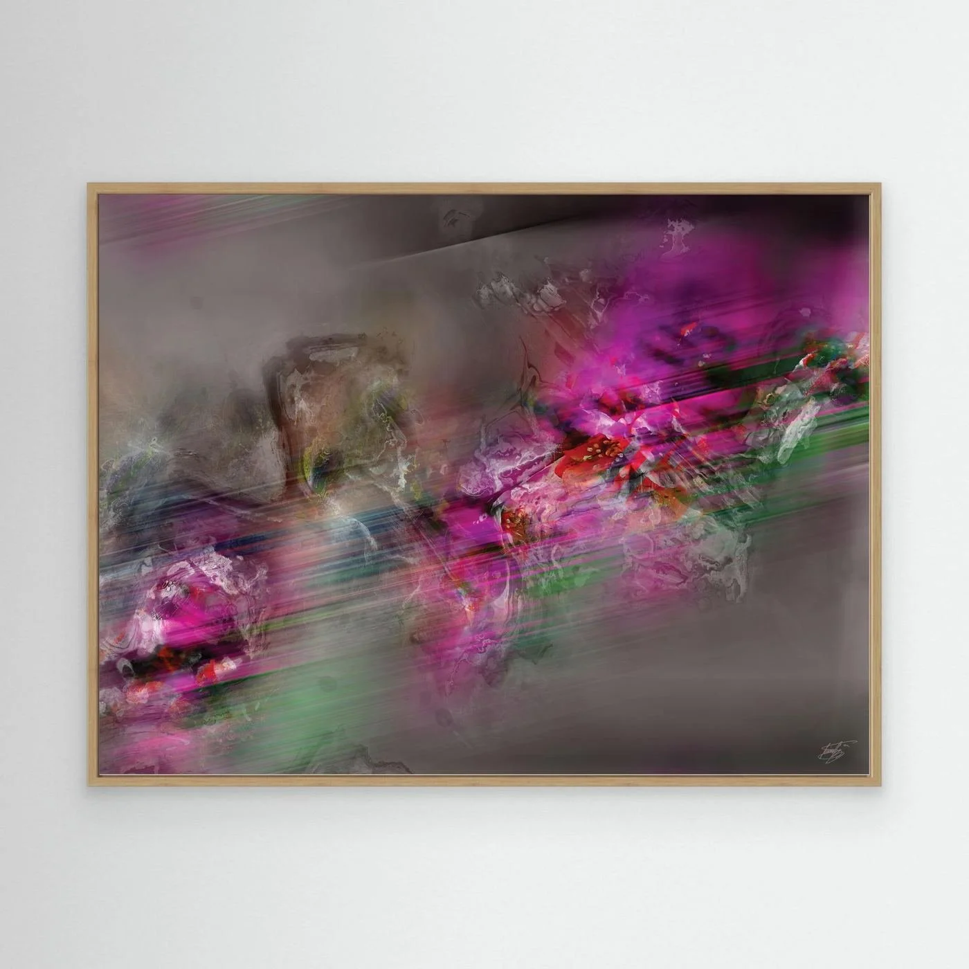 Dynamic digital art print featuring vibrant magenta and green streaks of motion contrasting against a smoky grey background, framed and ready to hang. With wooden frame