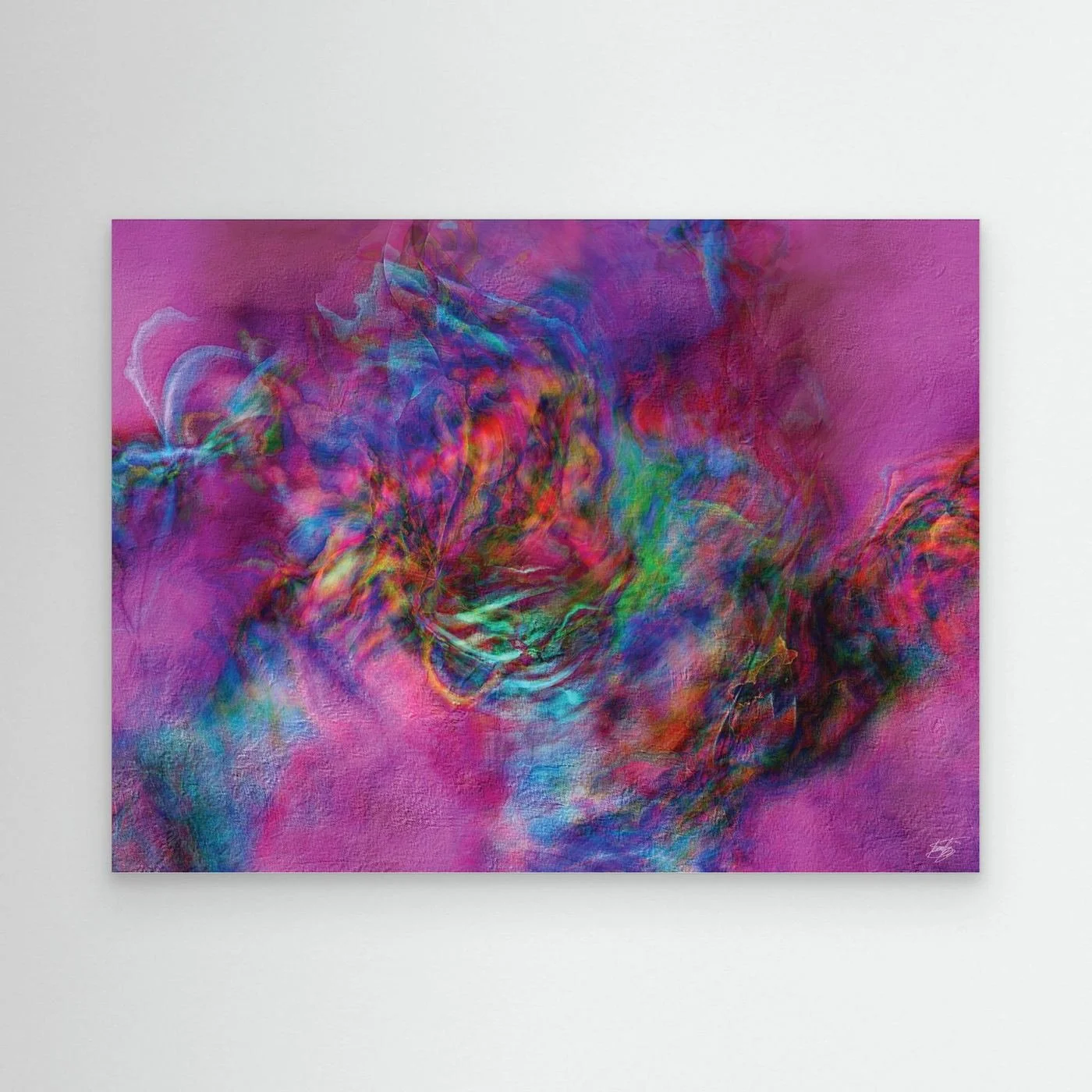 Abstract fine art print with heavy plaster-like texture featuring a vibrant magenta and pink background with a colorful swirling center, framed and ready to hang.