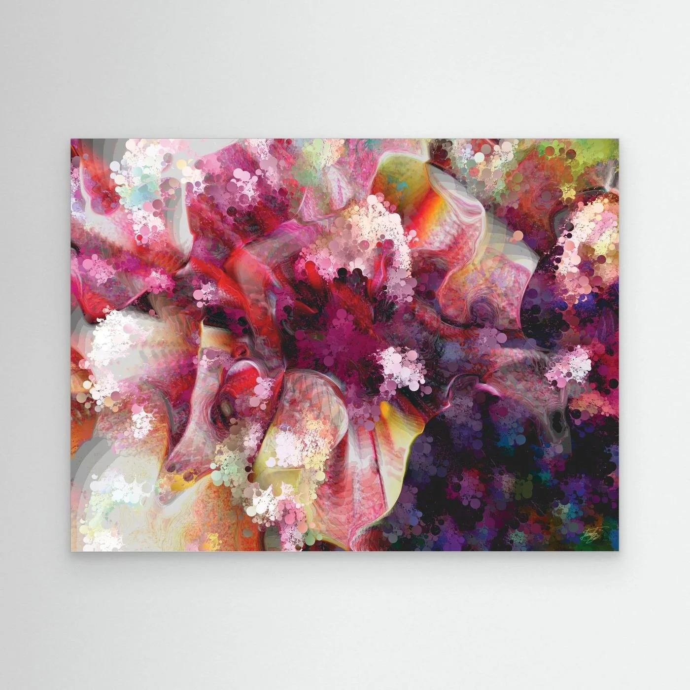 Vibrant abstract fine art print featuring pink, purple, and red floral textures, framed and ready to hang.