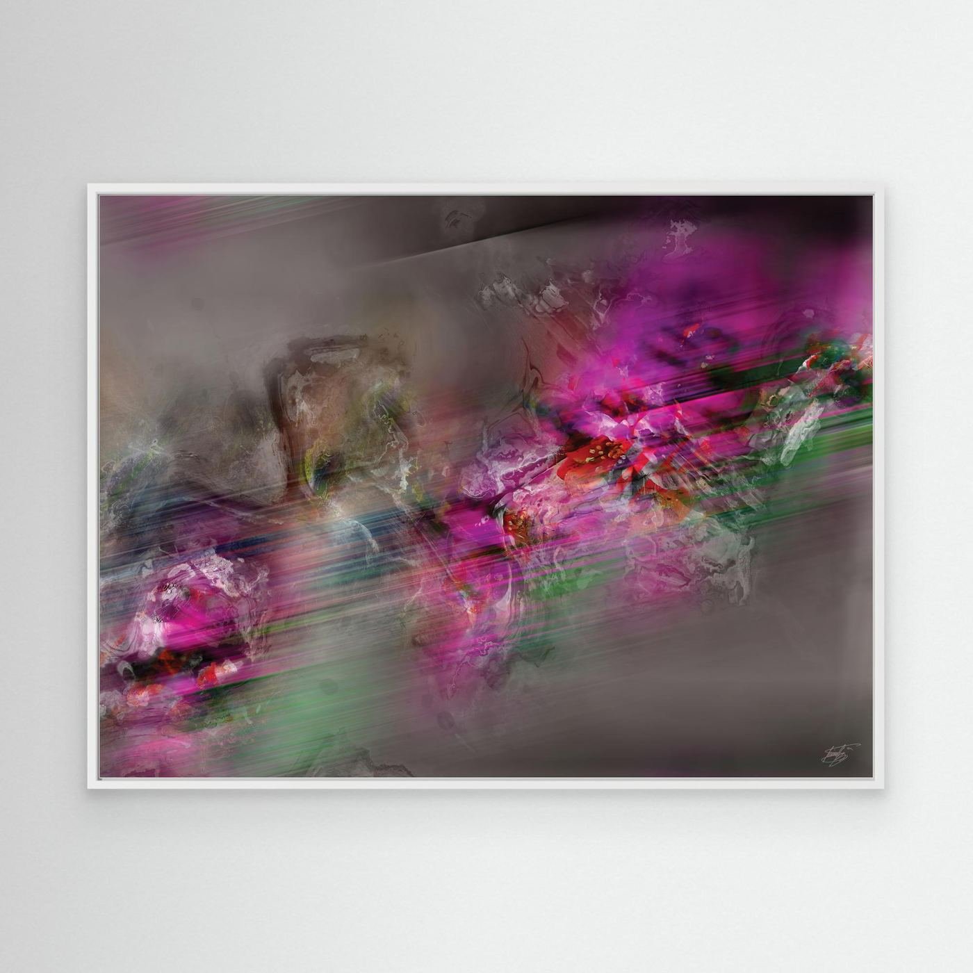 Dynamic digital art print featuring vibrant magenta and green streaks of motion contrasting against a smoky grey background, framed and ready to hang. With white frame