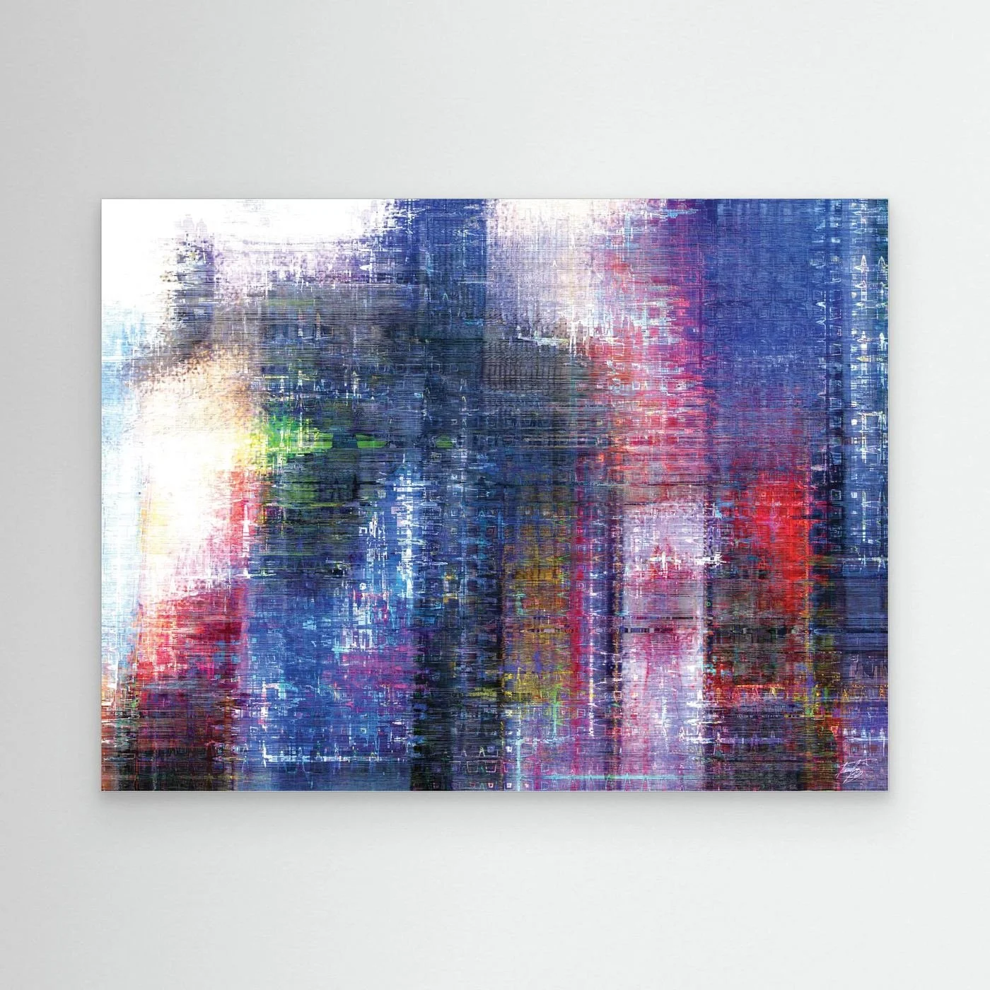 Abstract fine art print evoking a textured city skyline with vertical lines in deep blue, purple, and red tones, framed and ready to hang.