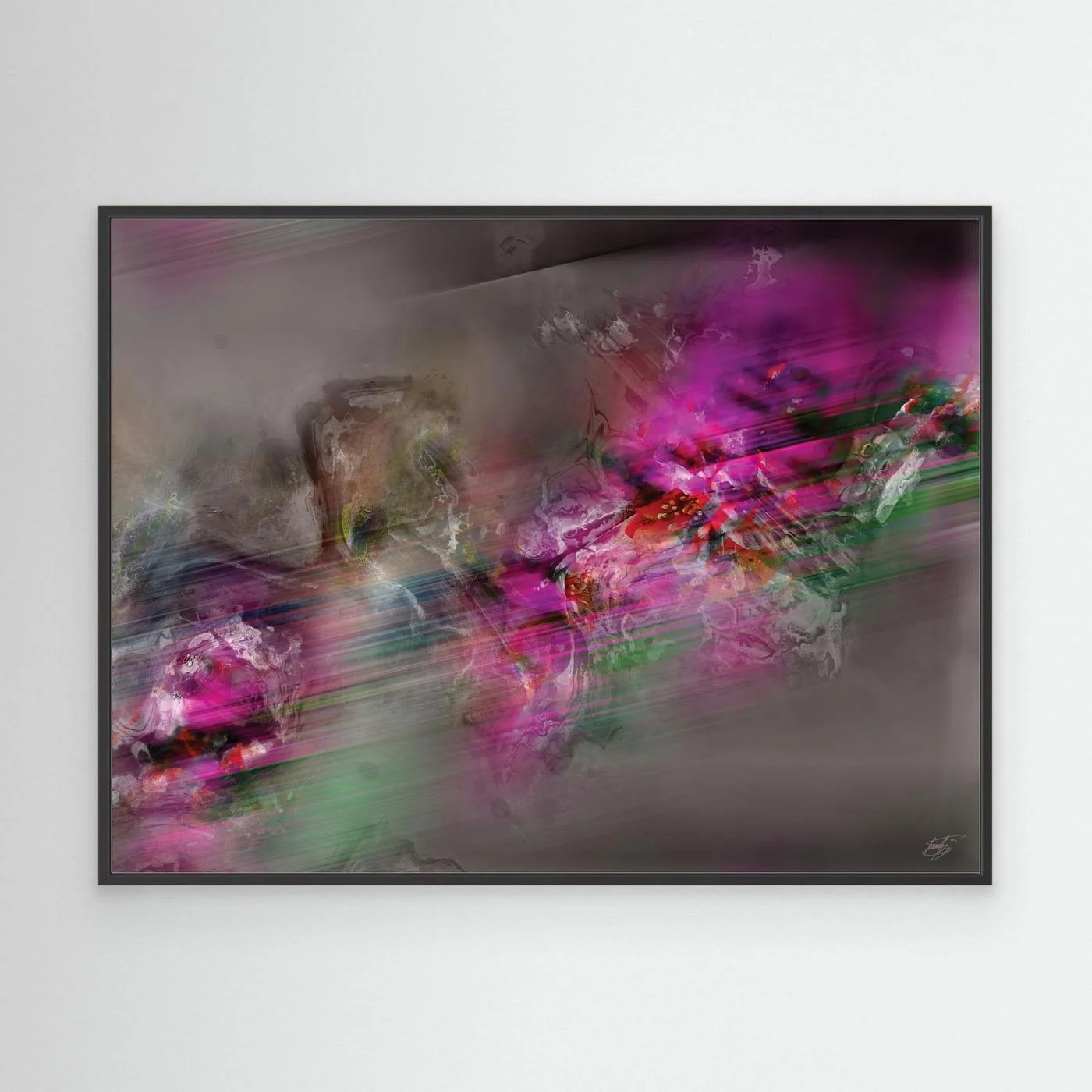 Dynamic digital art print featuring vibrant magenta and green streaks of motion contrasting against a smoky grey background, framed and ready to hang. With black frame