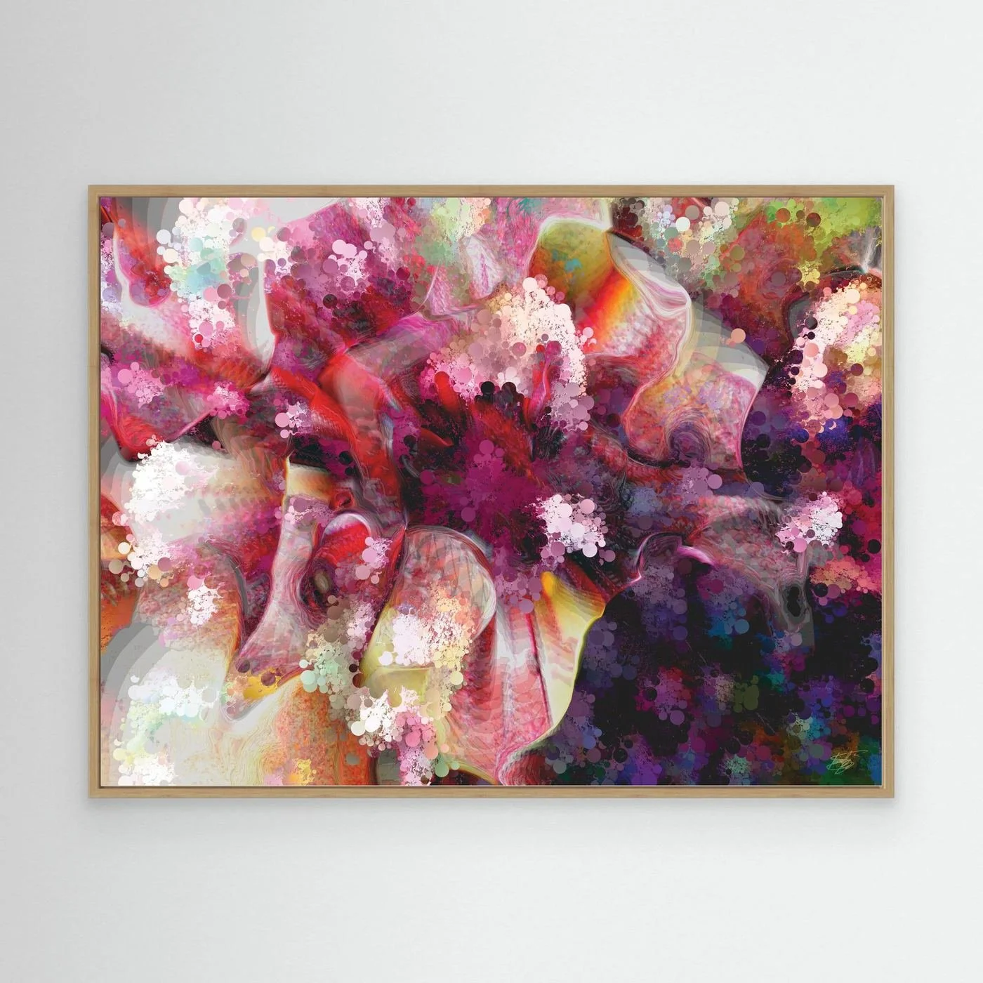 Vibrant abstract fine art print featuring pink, purple, and red floral textures, framed and ready to hang. With wooden frame