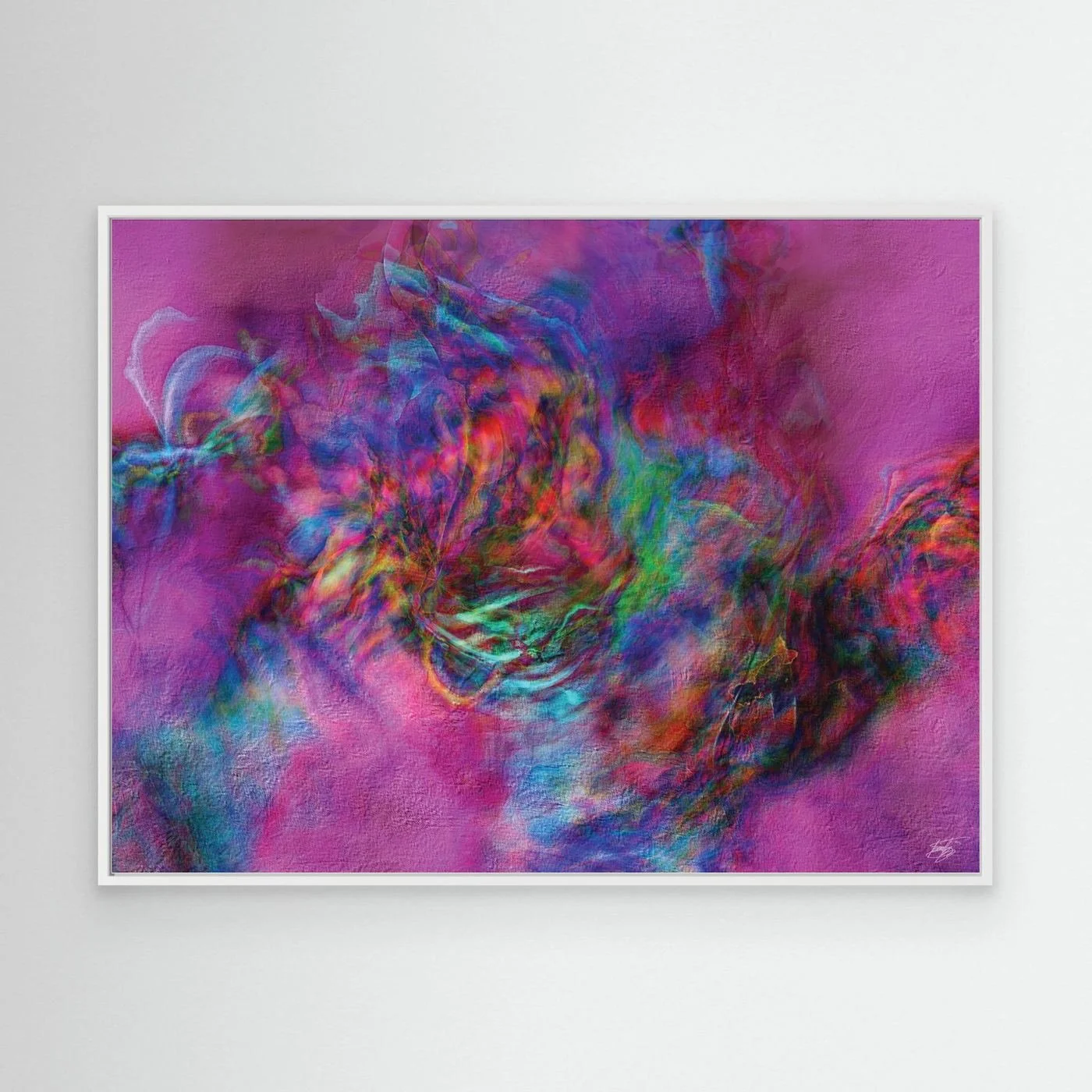 Abstract fine art print with heavy plaster-like texture featuring a vibrant magenta and pink background with a colorful swirling center, framed and ready to hang. With white frame