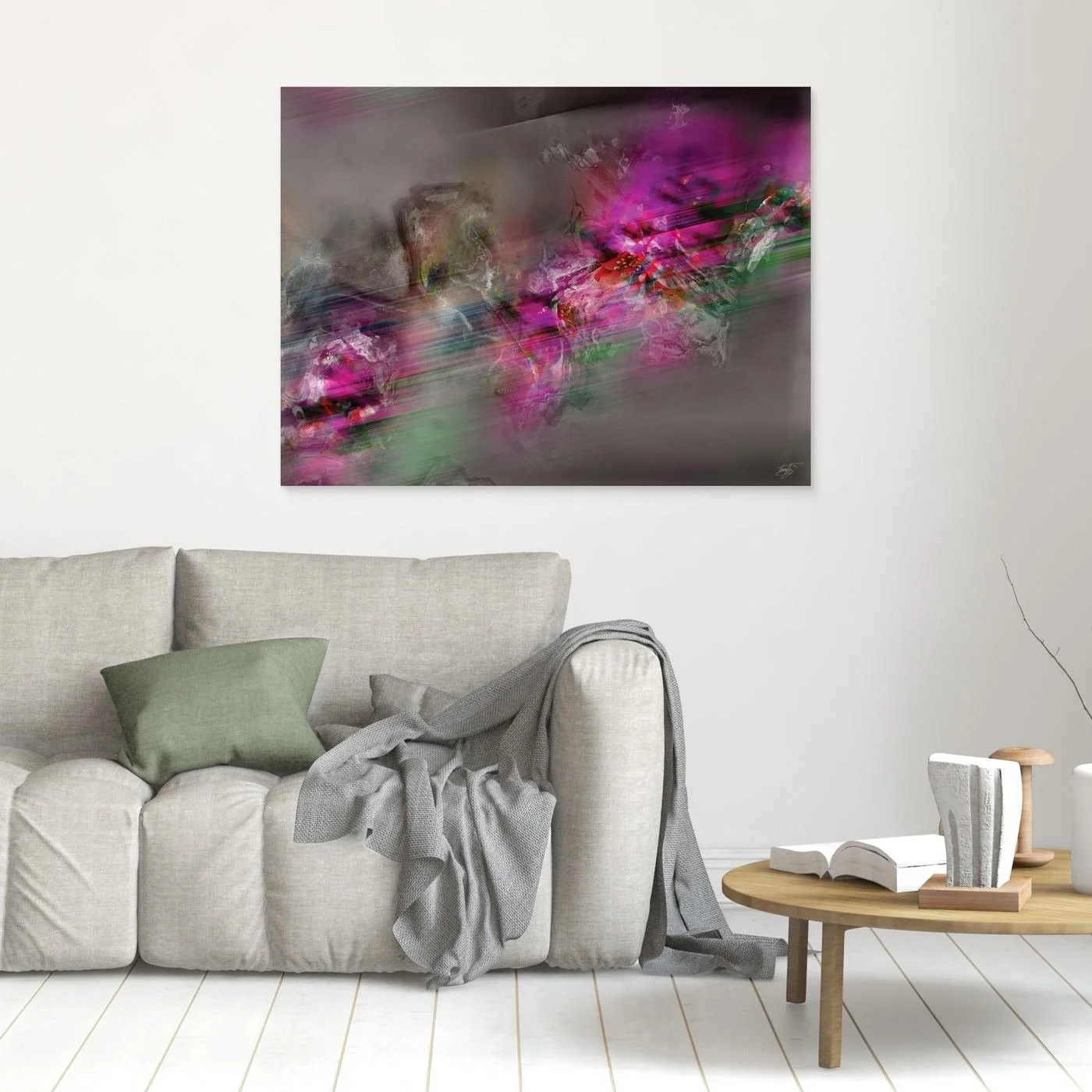 Dynamic digital art print featuring vibrant magenta and green streaks of motion contrasting against a smoky grey background, framed and ready to hang. In living room