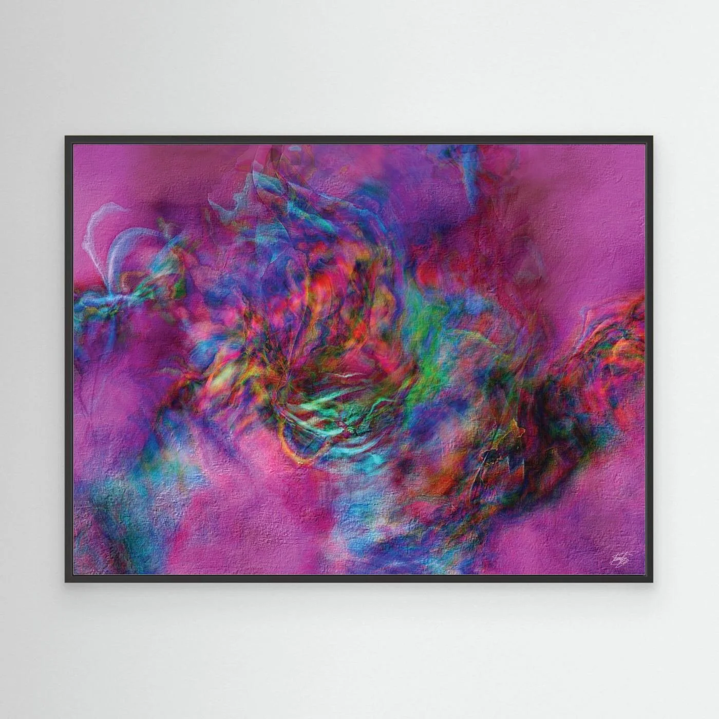 Abstract fine art print with heavy plaster-like texture featuring a vibrant magenta and pink background with a colorful swirling center, framed and ready to hang. With black frame