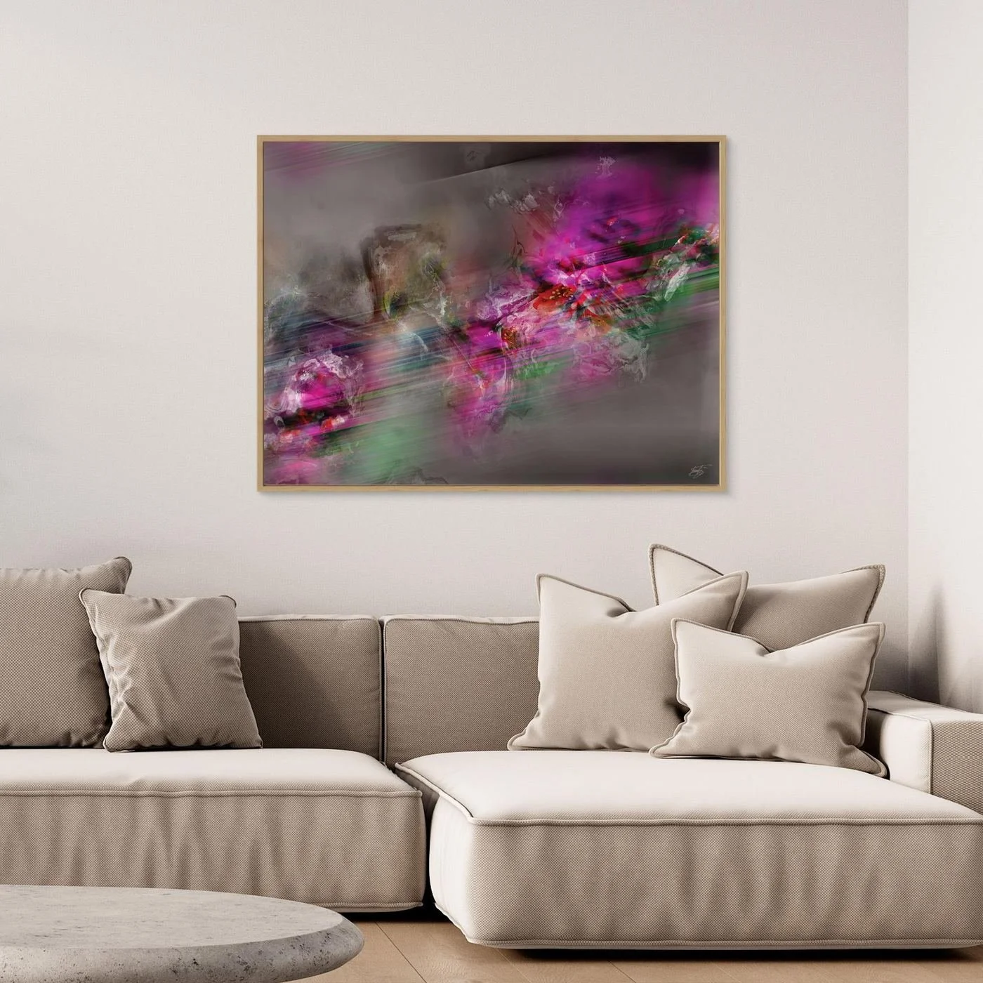 Dynamic digital art print featuring vibrant magenta and green streaks of motion contrasting against a smoky grey background, framed and ready to hang. Over grey couch