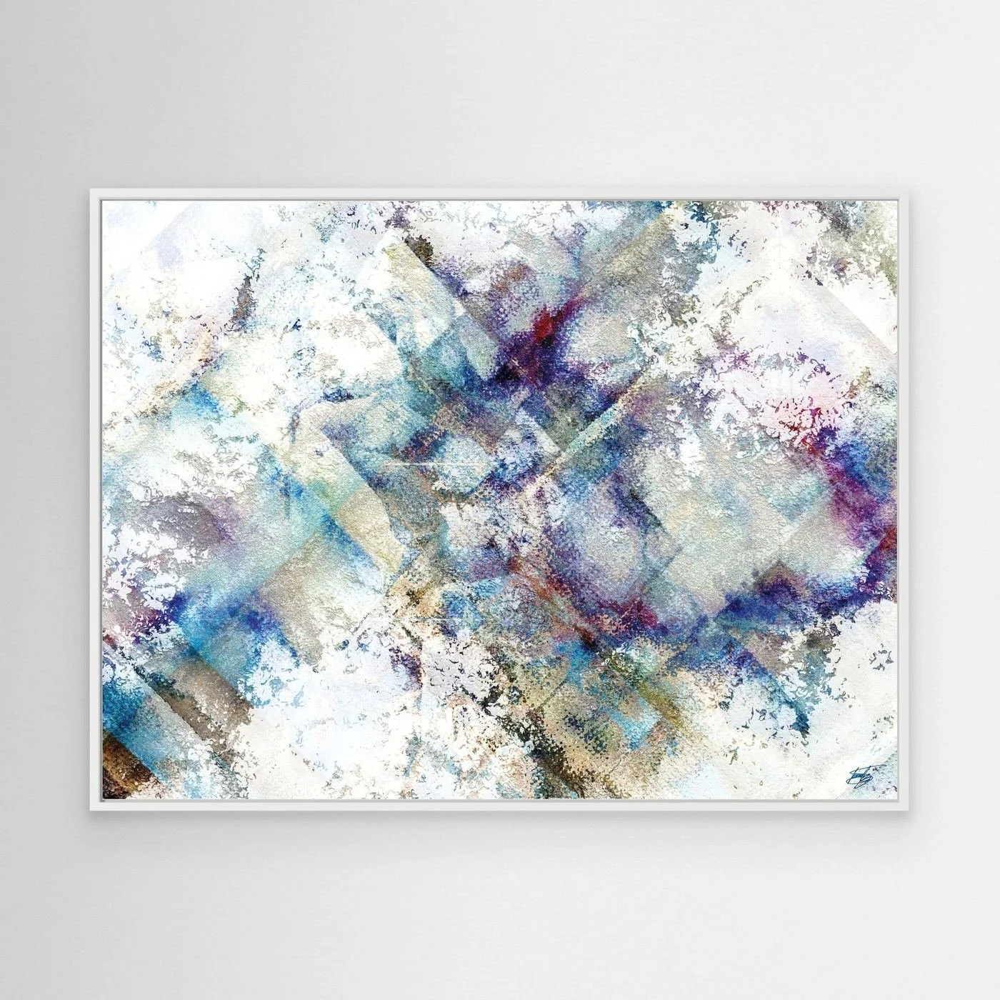 Abstract fine art print featuring weathered watercolor textures and subtle geometric patterns in blue, purple, and beige tones on a bright white background, framed and ready to hang. With white frame