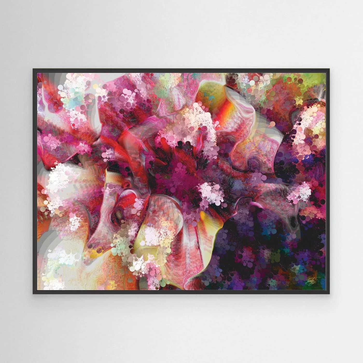 Vibrant abstract fine art print featuring pink, purple, and red floral textures, framed and ready to hang. With black frame