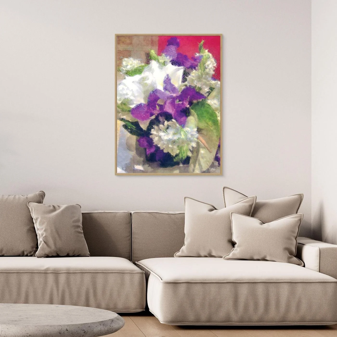 Abstract fine art print of a floral bouquet featuring white lilies and purple irises with a textured glass finish, framed and ready to hang. Over grey sofa