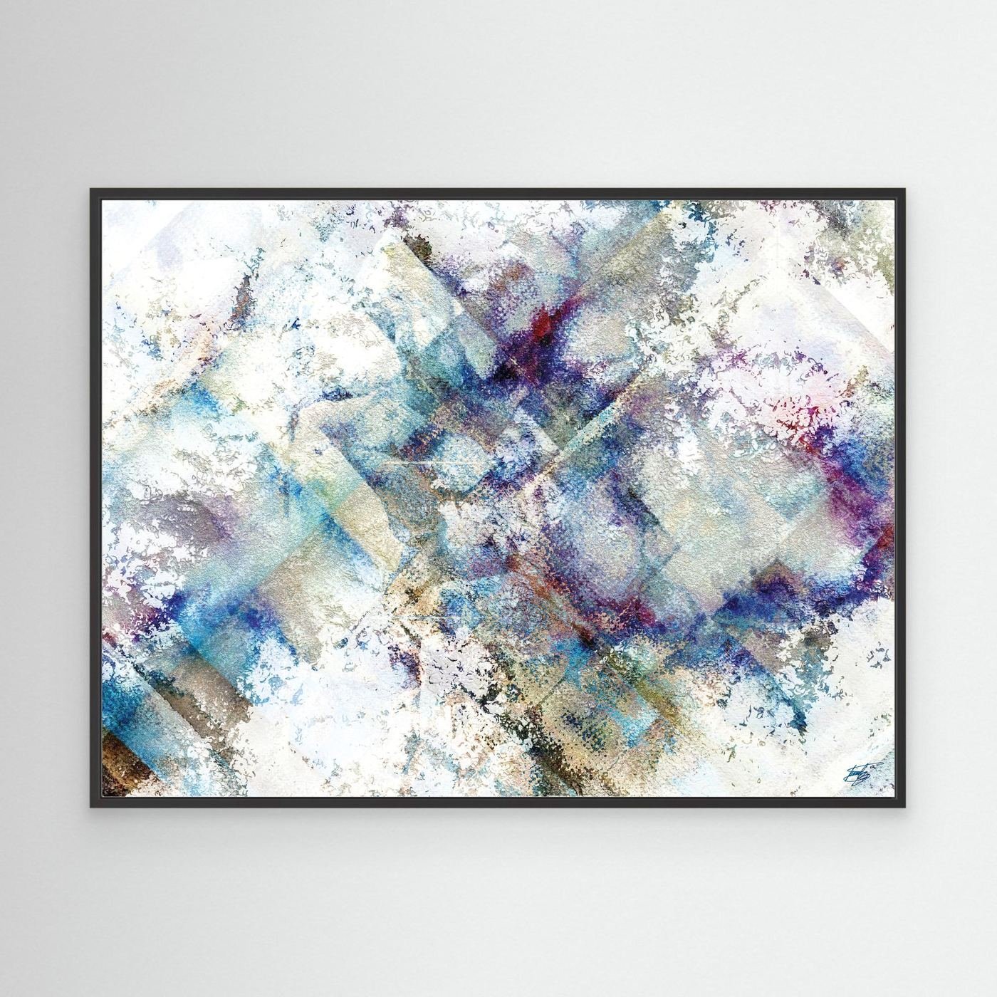 Abstract fine art print featuring weathered watercolor textures and subtle geometric patterns in blue, purple, and beige tones on a bright white background, framed and ready to hang. With black frame