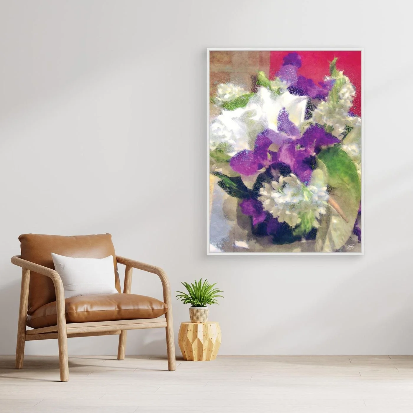 Abstract fine art print of a floral bouquet featuring white lilies and purple irises with a textured glass finish, framed and ready to hang. With chair