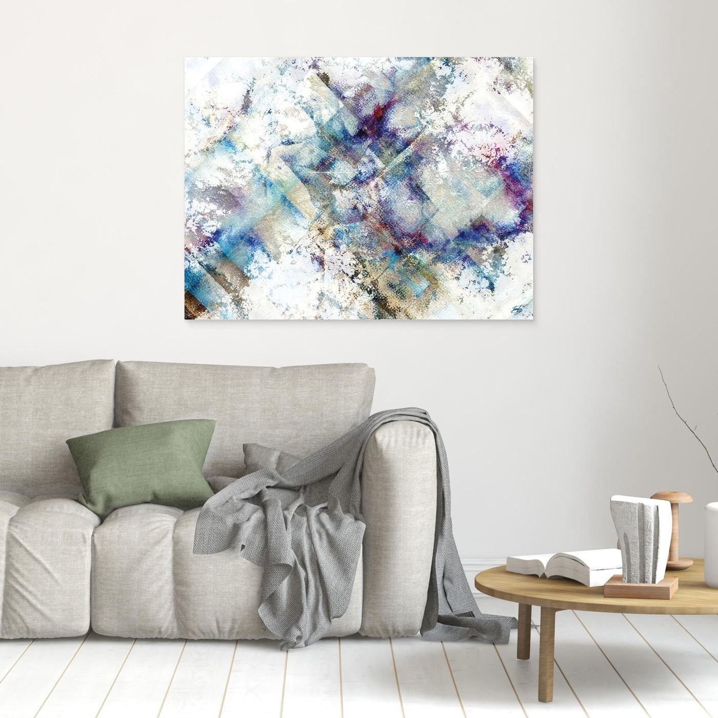 Abstract fine art print featuring weathered watercolor textures and subtle geometric patterns in blue, purple, and beige tones on a bright white background, framed and ready to hang. In living room