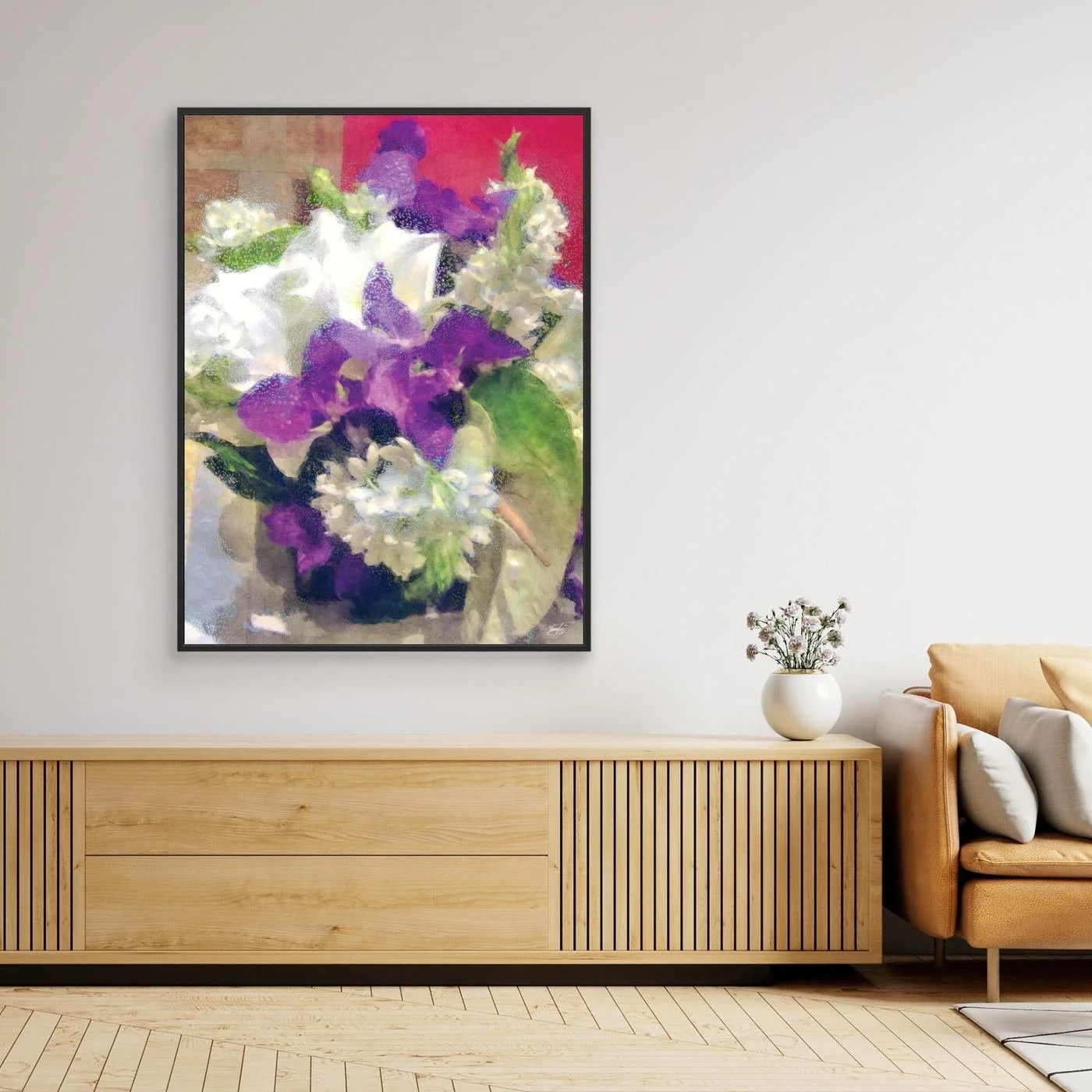 Abstract fine art print of a floral bouquet featuring white lilies and purple irises with a textured glass finish, framed and ready to hang. Over wooden console