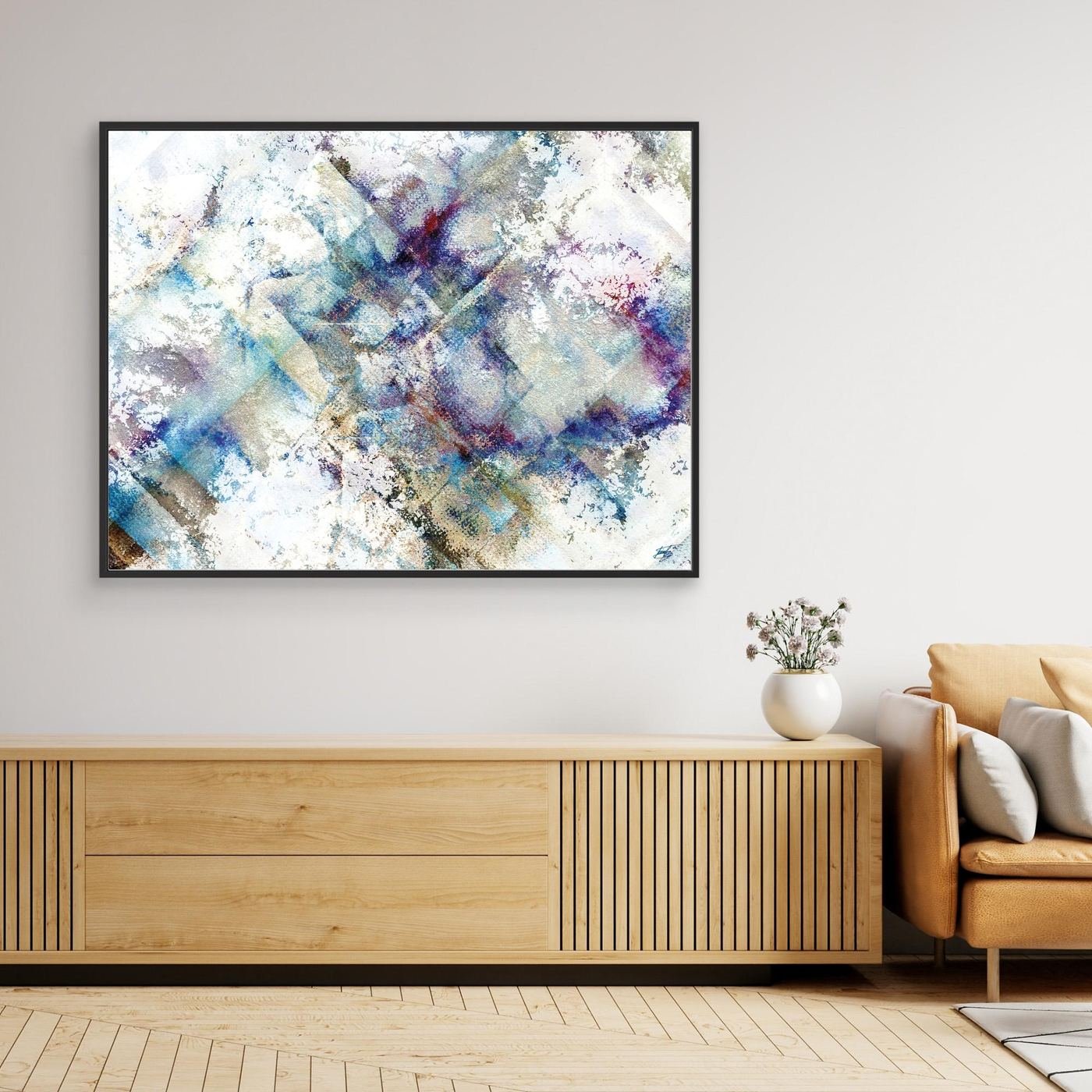 Abstract fine art print featuring weathered watercolor textures and subtle geometric patterns in blue, purple, and beige tones on a bright white background, framed and ready to hang. Over console