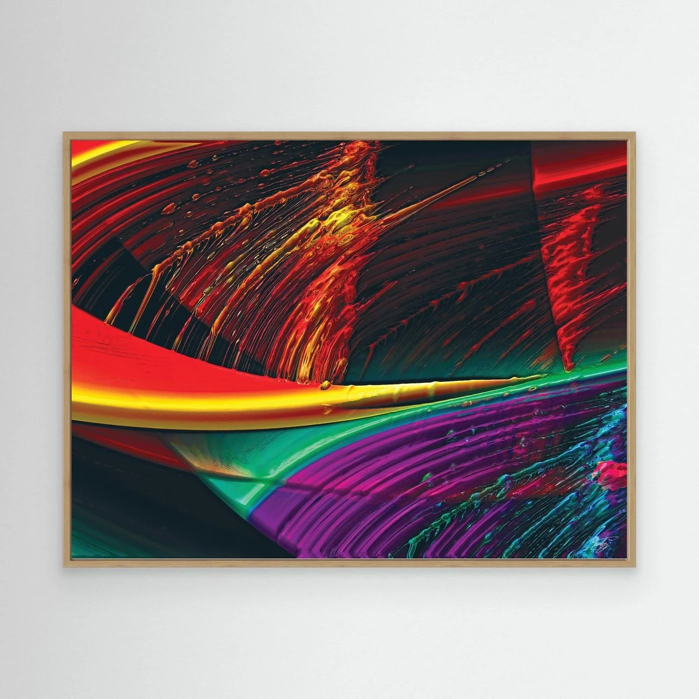 Abstract fine art print with high-gloss liquid textures, showcasing heavy 3D brushstrokes in fiery red, bright yellow, green, and deep purple tones, framed and ready to hang. With wooden frame