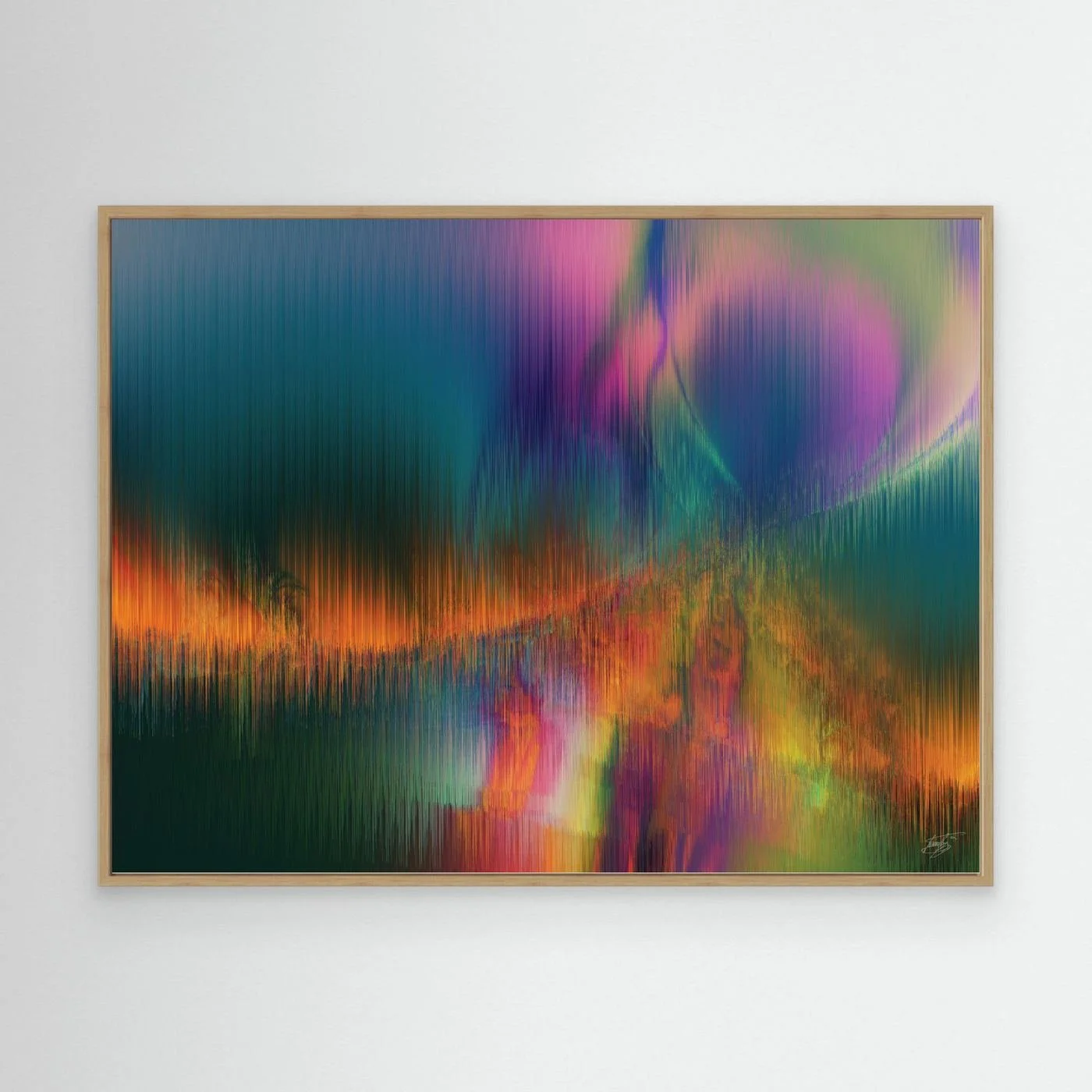 Abstract fine art print featuring vertical line textures reminiscent of a colorful landscape or aurora borealis with green, purple, and fiery orange tones, framed and ready to hang. With wooden frame