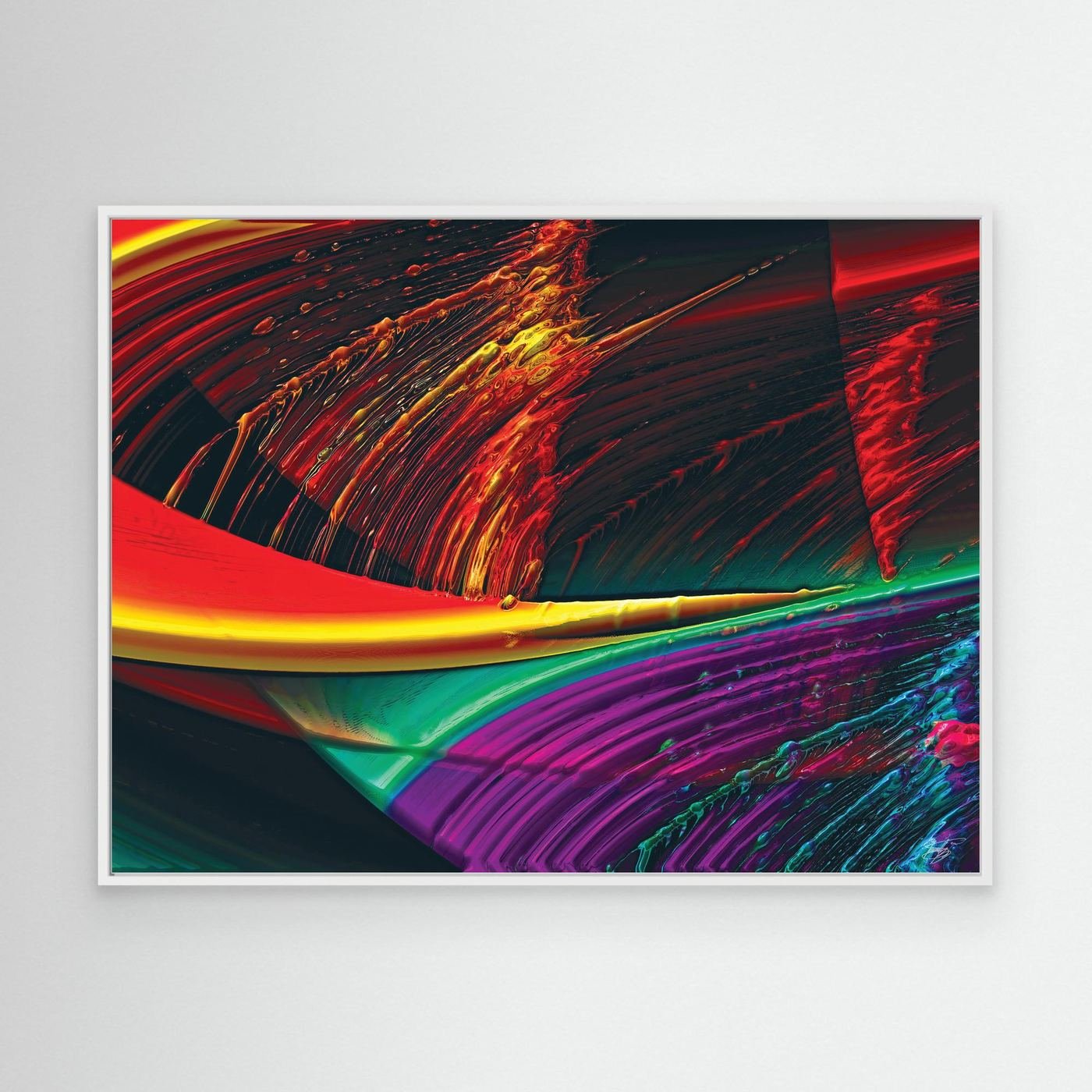 Abstract fine art print with high-gloss liquid textures, showcasing heavy 3D brushstrokes in fiery red, bright yellow, green, and deep purple tones, framed and ready to hang. With white frame