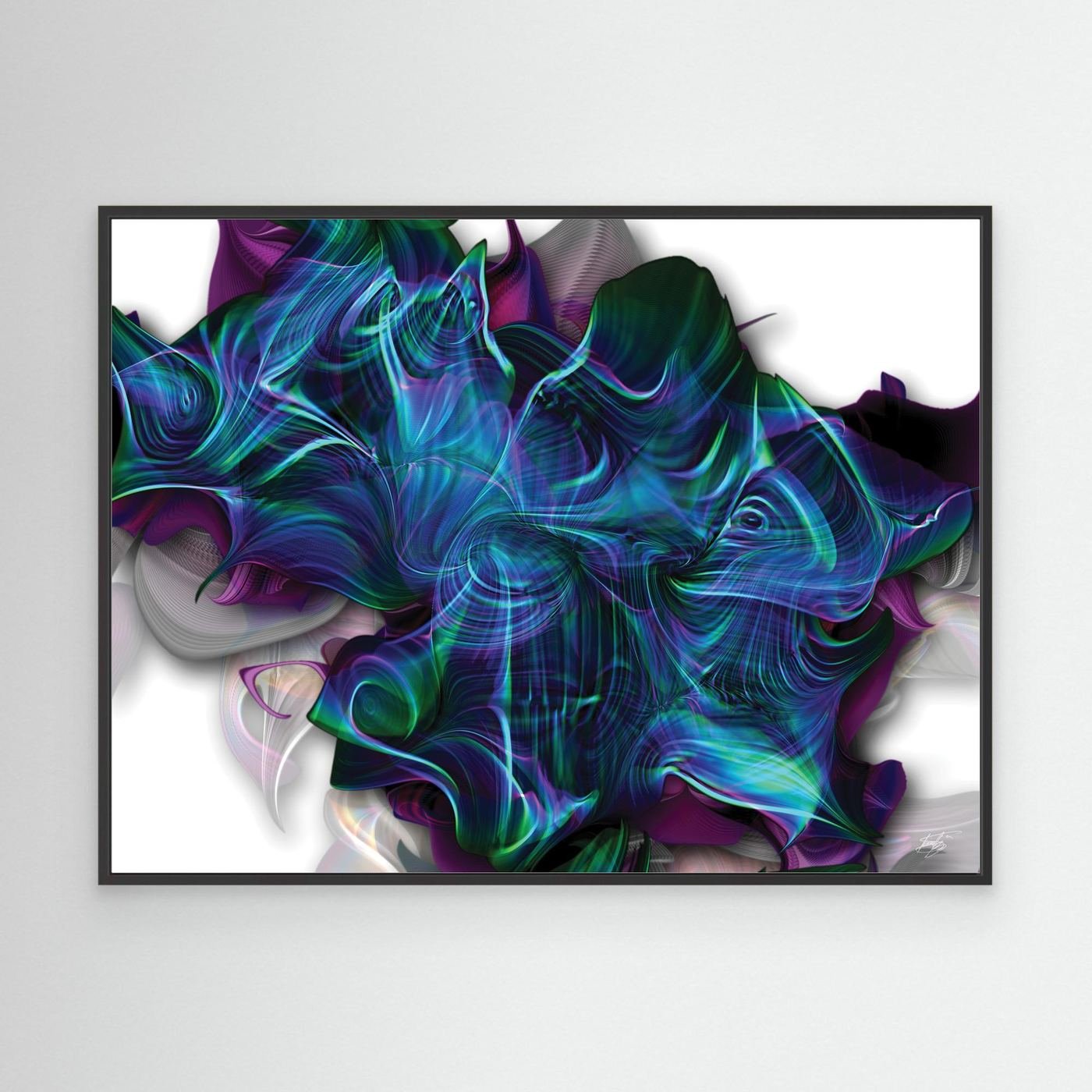 Abstract fine art print showing a complex, swirling organic shape with electric teal, blue, and purple lines over a clean white background, framed and ready to hang. With black frame