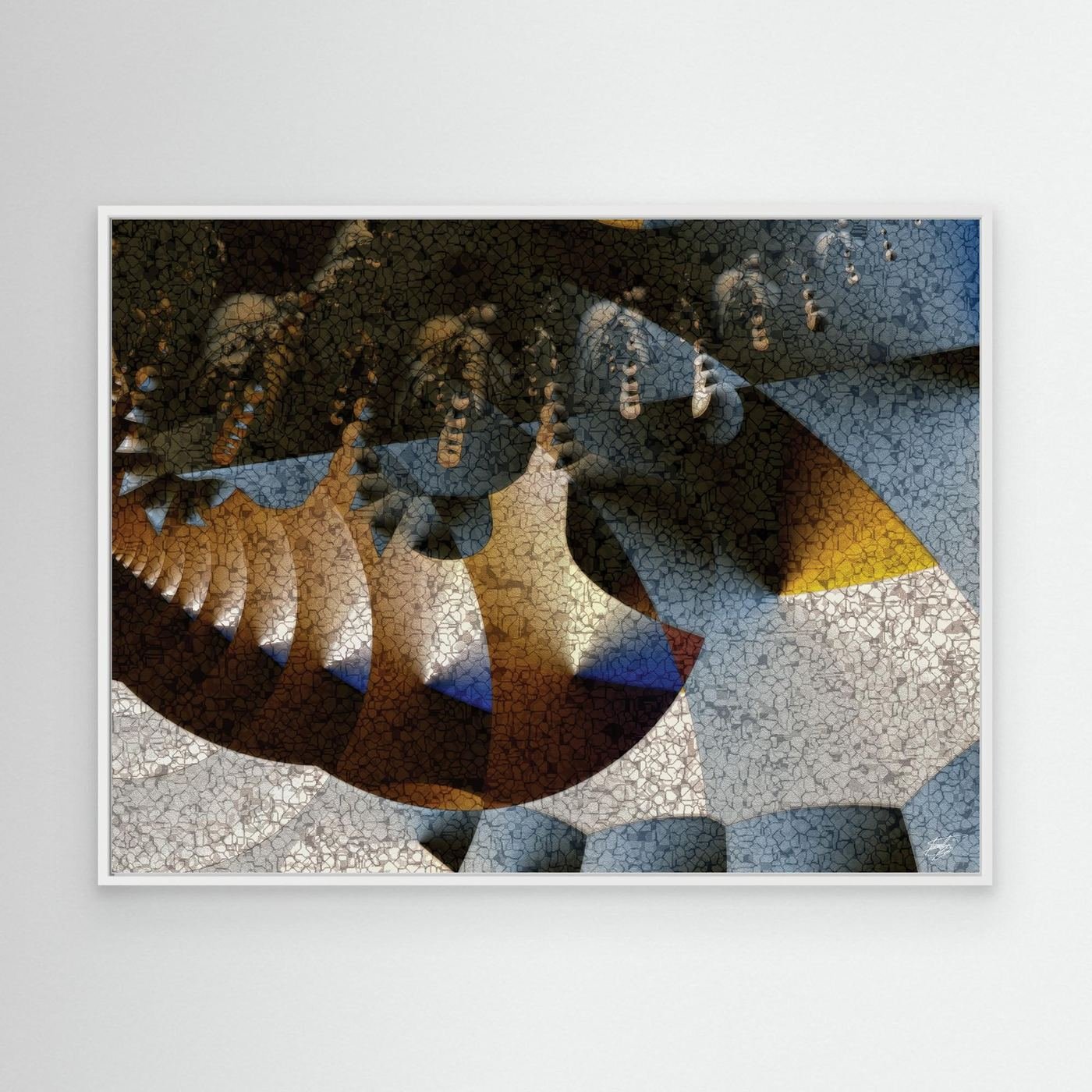 Abstract fine art print featuring textured geometric shapes, mosaic patterns, and a color palette of gold, brown, and blue, framed and ready to hang. With white frame