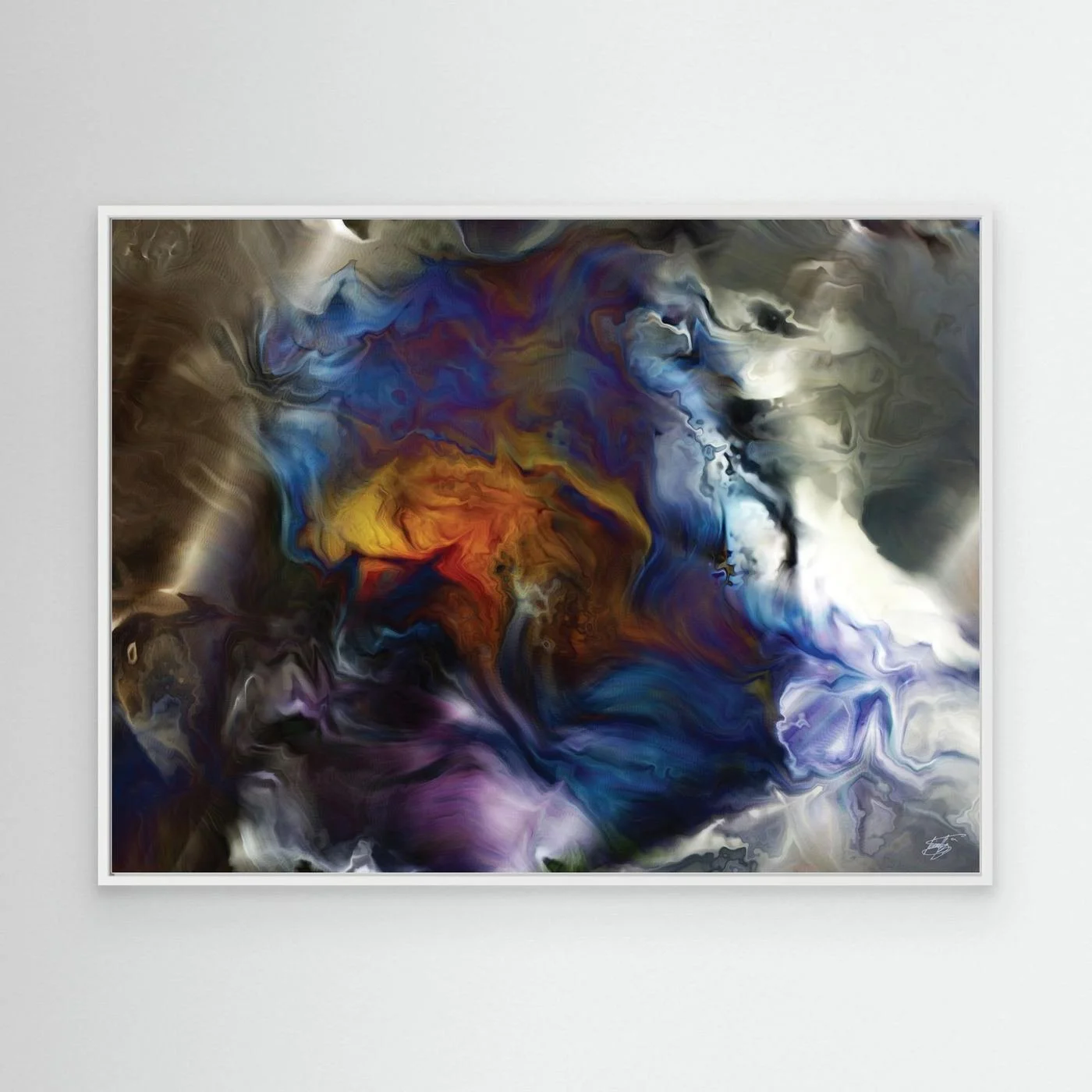 Abstract fine art print showcasing a fluid, marble-like cosmic swirl with deep blue, purple, and glowing amber tones surrounded by smoky neutral textures, framed and ready to hang. With white frame