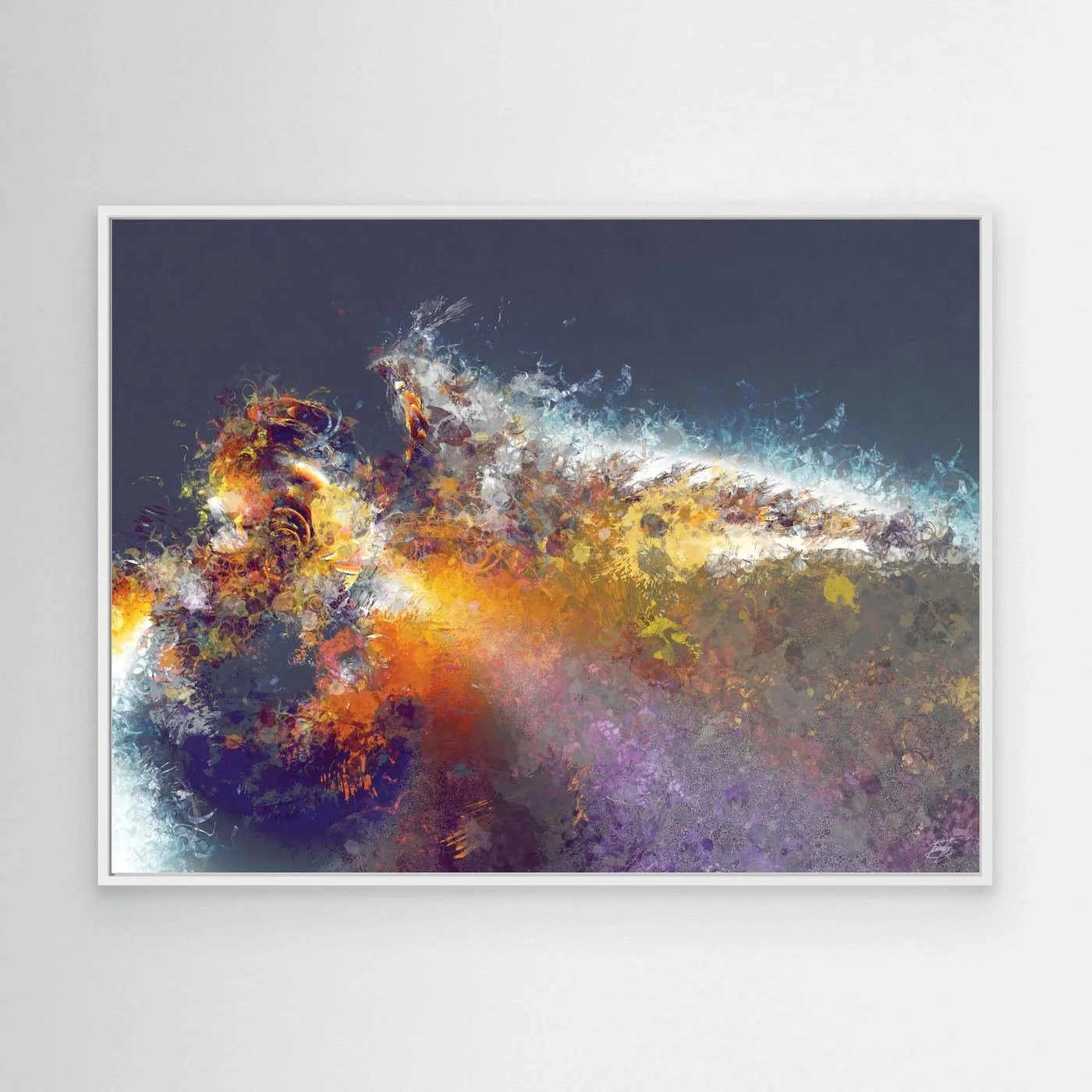 Dynamic abstract fine art print featuring explosive textured splatters in gold, orange, and white tones against a dark grey background, framed and ready to hang. With white frame