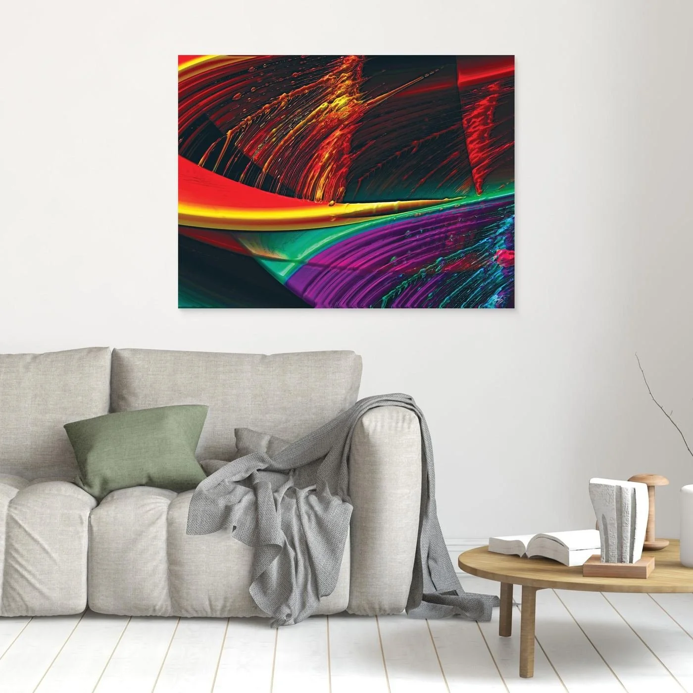 Abstract fine art print with high-gloss liquid textures, showcasing heavy 3D brushstrokes in fiery red, bright yellow, green, and deep purple tones, framed and ready to hang. In living room