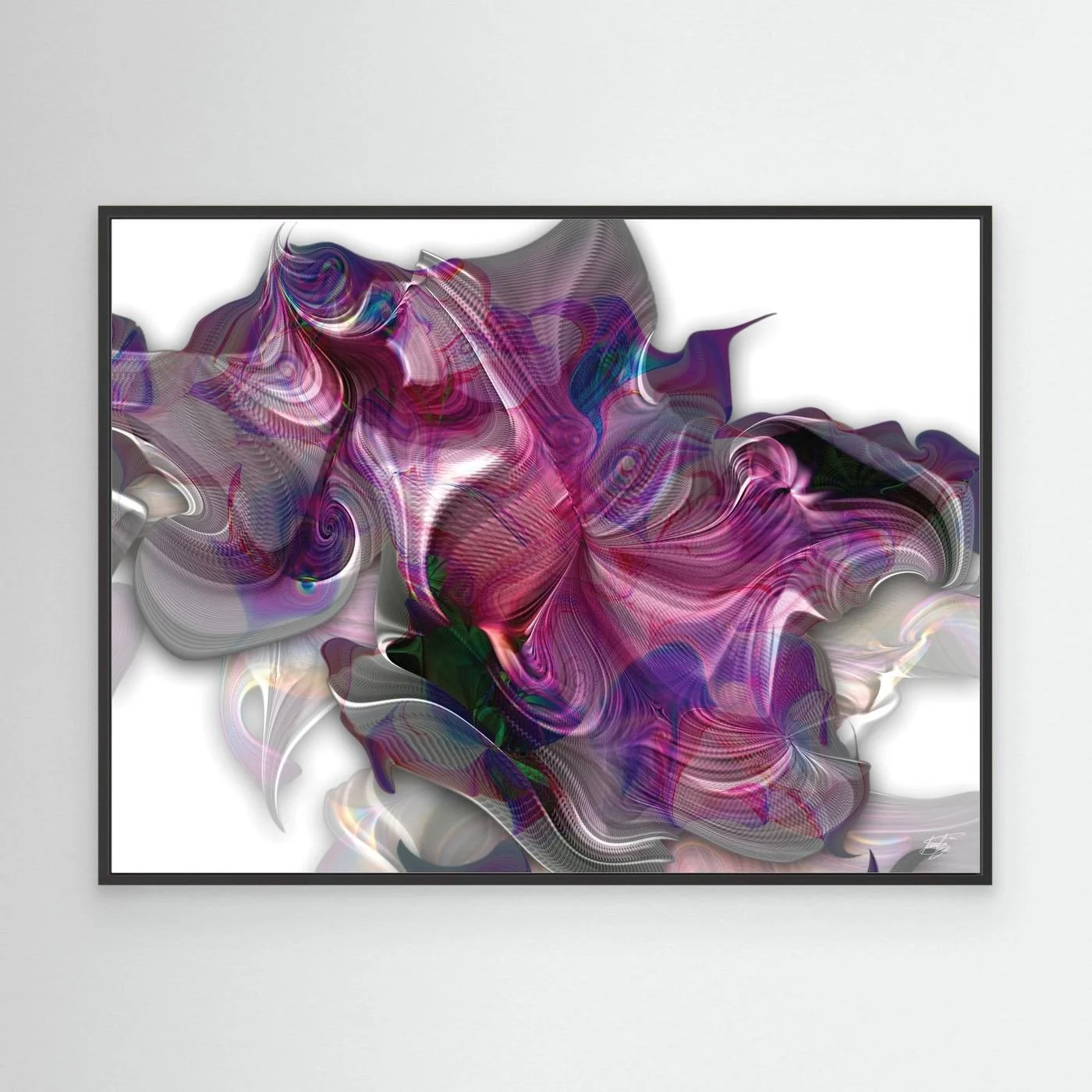 Abstract fine art print showcasing a complex, swirling organic shape with electric magenta, pink, and violet line patterns over a bright white background, framed and ready to hang. With black frame