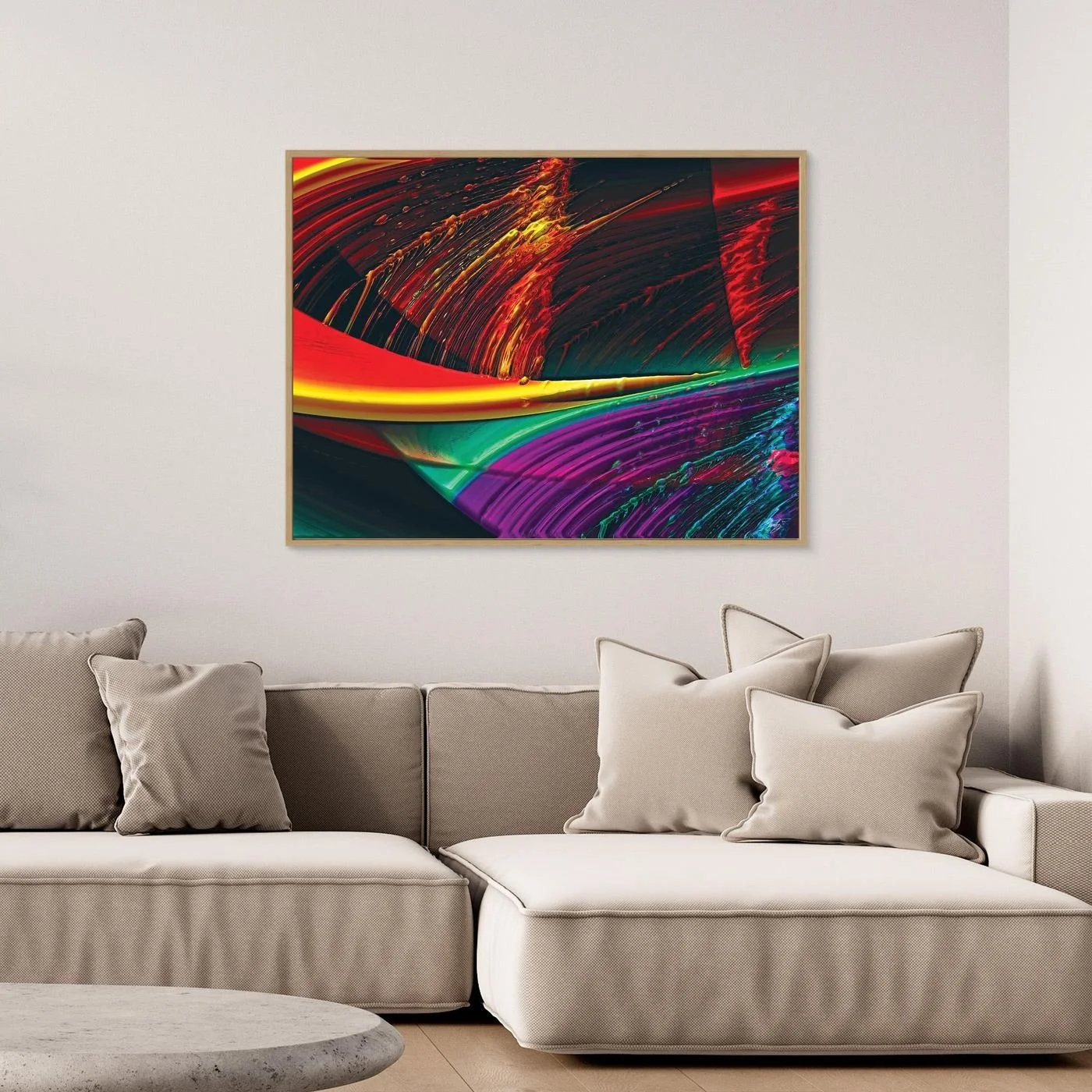 Abstract fine art print with high-gloss liquid textures, showcasing heavy 3D brushstrokes in fiery red, bright yellow, green, and deep purple tones, framed and ready to hang. Over grey sofa