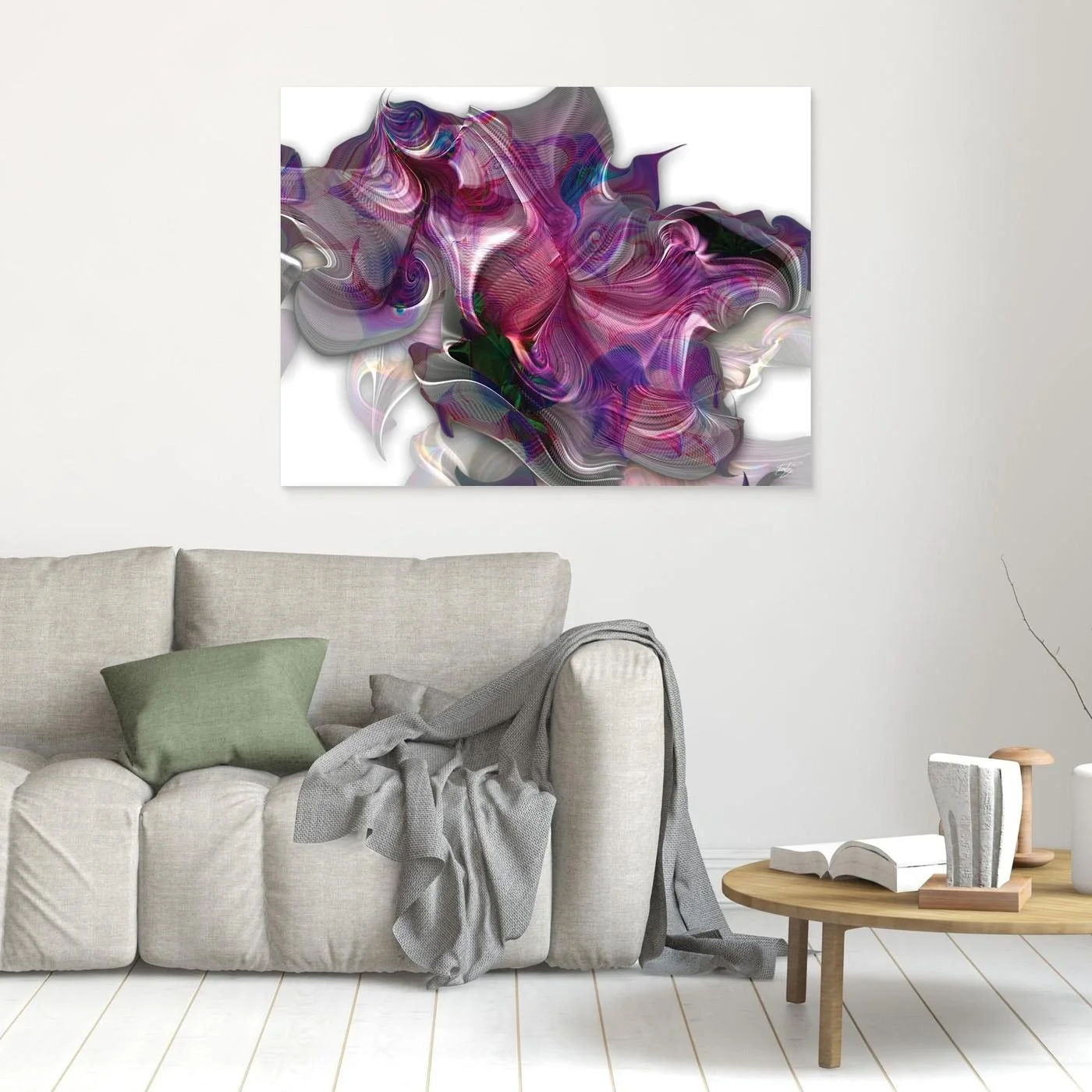 Abstract fine art print showcasing a complex, swirling organic shape with electric magenta, pink, and violet line patterns over a bright white background, framed and ready to hang. In living room