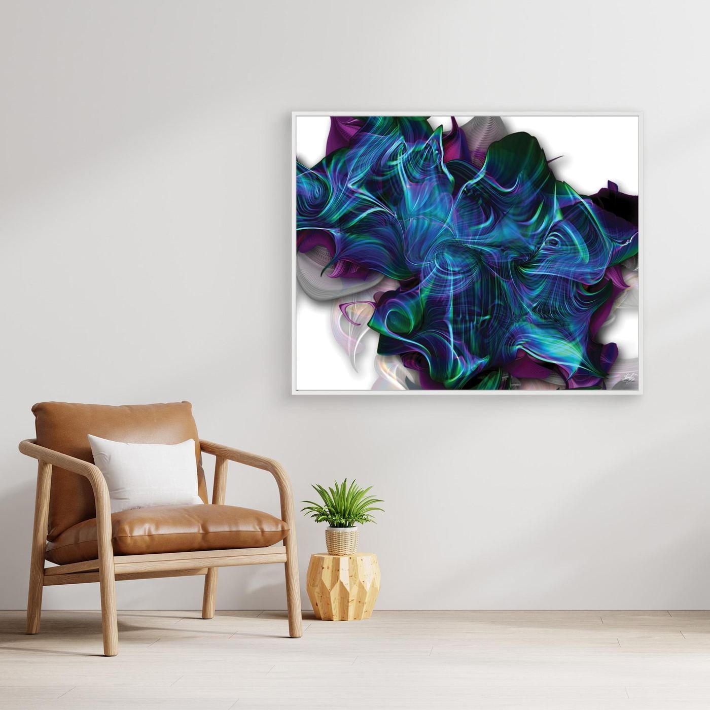 Abstract fine art print showing a complex, swirling organic shape with electric teal, blue, and purple lines over a clean white background, framed and ready to hang.  With chair
