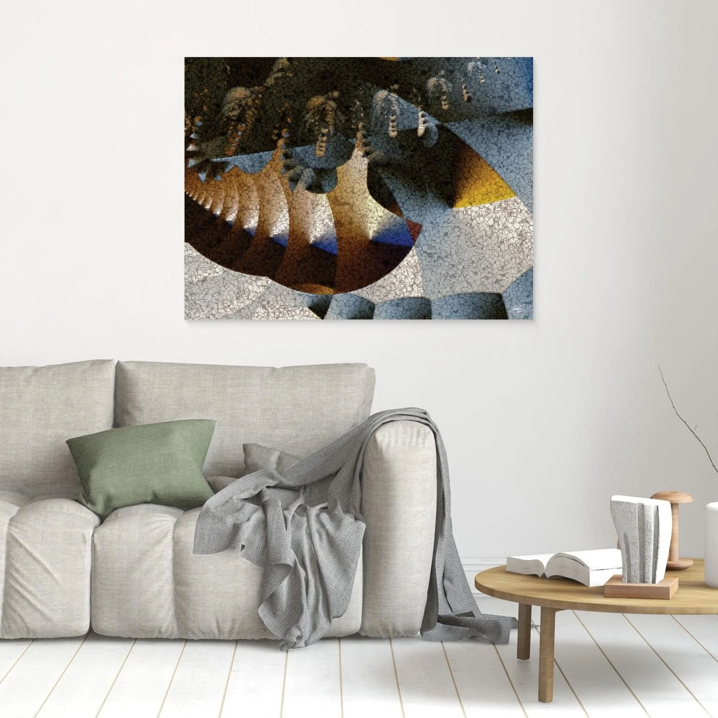 Abstract fine art print featuring textured geometric shapes, mosaic patterns, and a color palette of gold, brown, and blue, framed and ready to hang. In living room