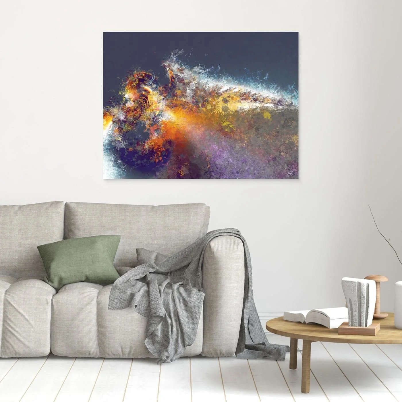 Dynamic abstract fine art print featuring explosive textured splatters in gold, orange, and white tones against a dark grey background, framed and ready to hang. In living room