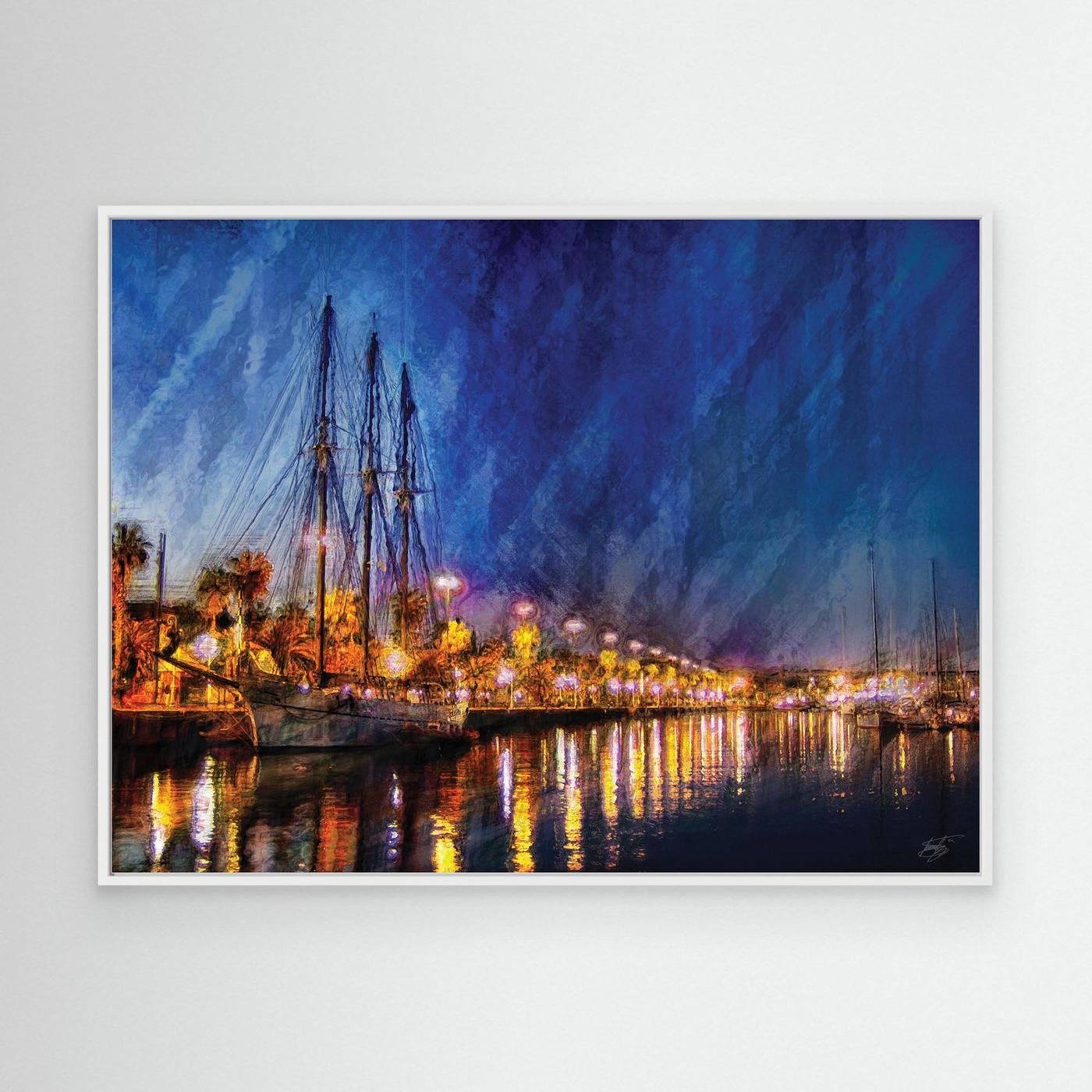 Expressionist fine art of a night landscape of Port Vell in Barcelona, with a sailboat, palm trees, illuminated street lamps, and reflections on water, framed and ready to hang. With white frame