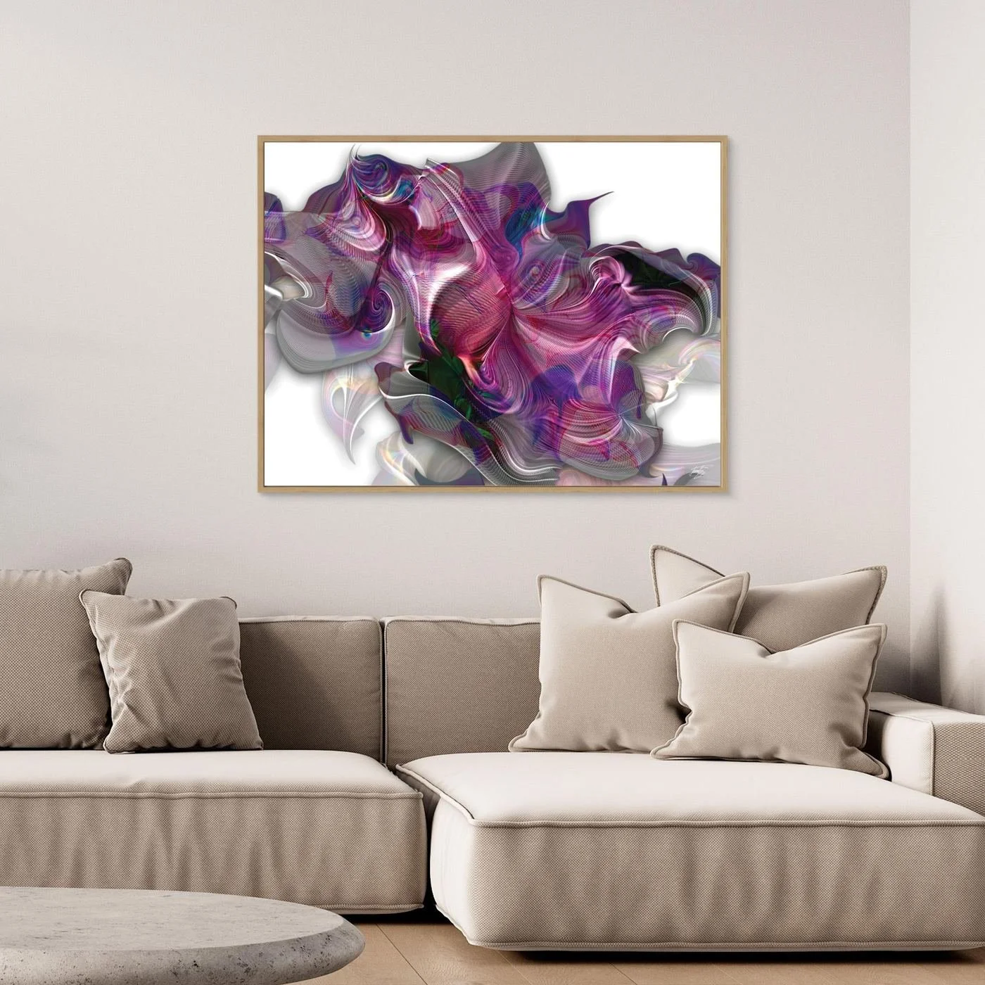 Abstract fine art print showcasing a complex, swirling organic shape with electric magenta, pink, and violet line patterns over a bright white background, framed and ready to hang. Over grey sofa