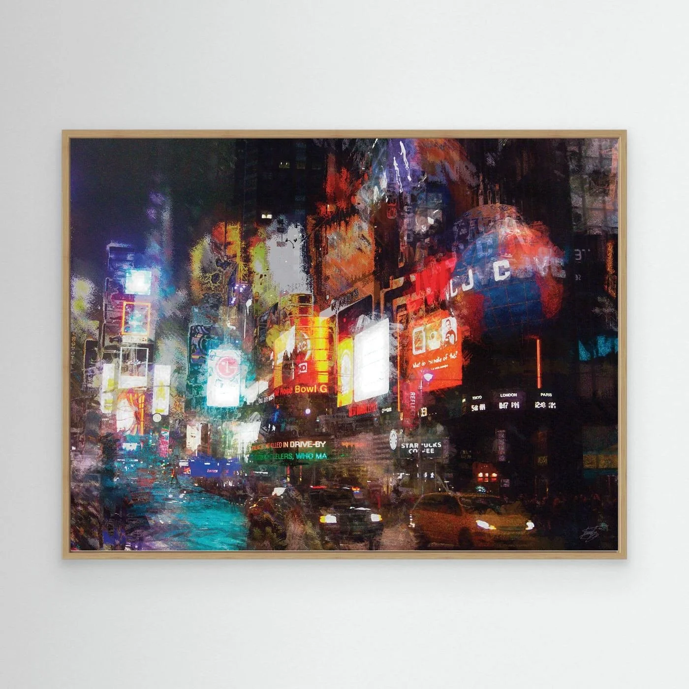 Expressionist art print of a vibrant night landscape of Times Square, with textured illuminated billboards, city traffic, and glowing neon reflections, framed and ready to hang. With wooden frame