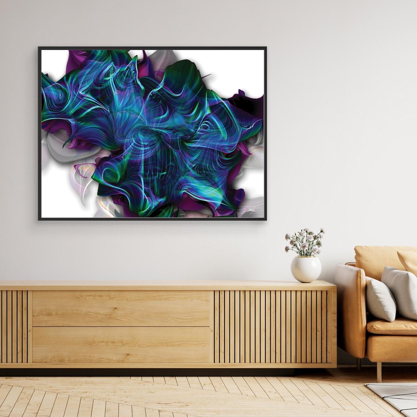 Abstract fine art print showing a complex, swirling organic shape with electric teal, blue, and purple lines over a clean white background, framed and ready to hang. Over wooden console