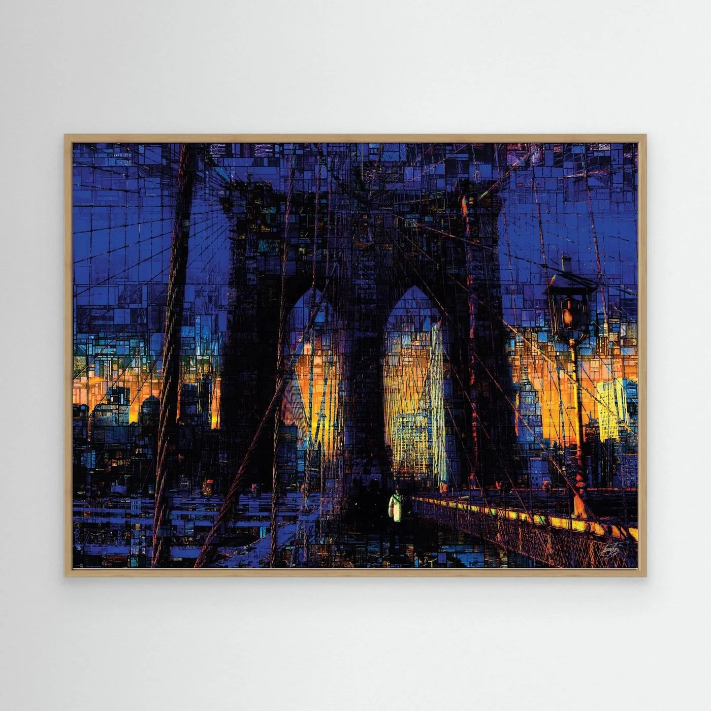 Abstract fine art print of the Brooklyn Bridge at sunset featuring a complex mosaic and pixelated texture in deep blue and vibrant golden tones, framed and ready to hang. With wooden frame