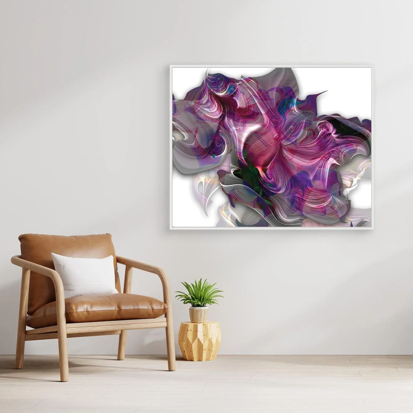 Abstract fine art print showcasing a complex, swirling organic shape with electric magenta, pink, and violet line patterns over a bright white background, framed and ready to hang. With chair