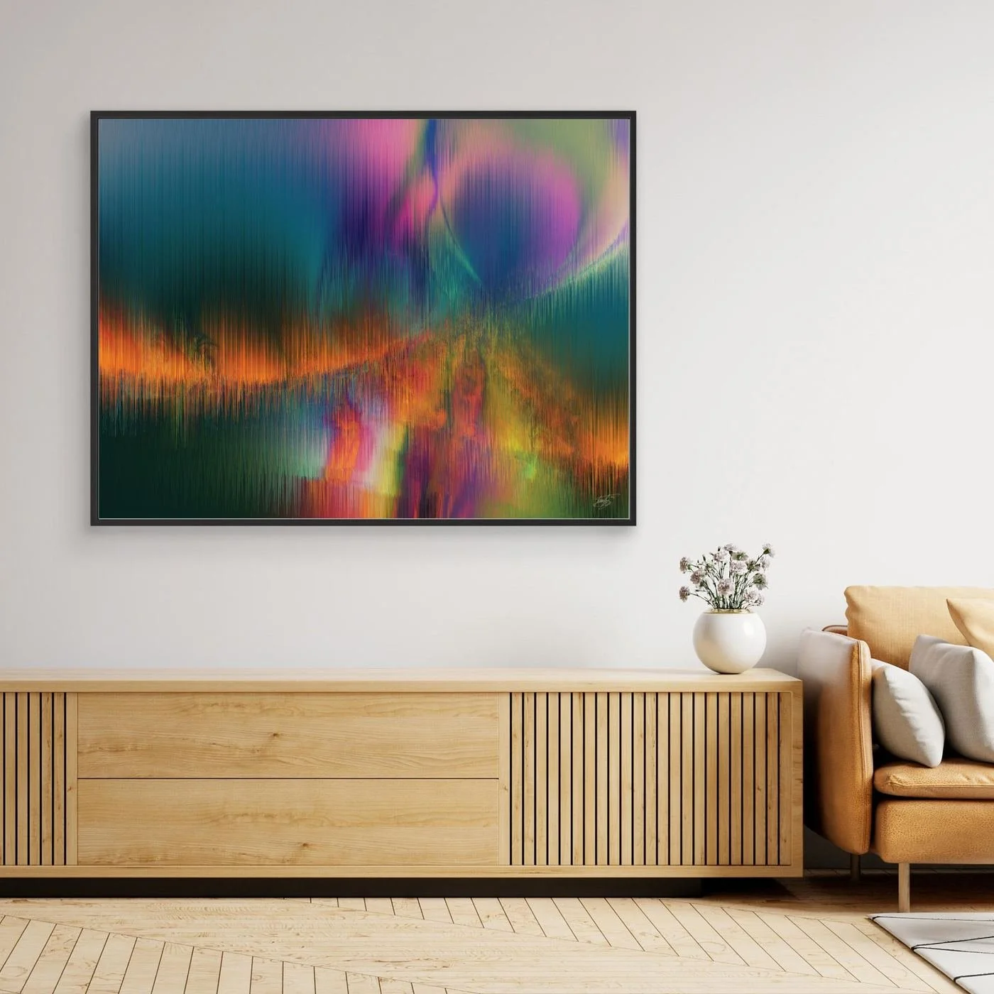 Abstract fine art print featuring vertical line textures reminiscent of a colorful landscape or aurora borealis with green, purple, and fiery orange tones, framed and ready to hang. Over console