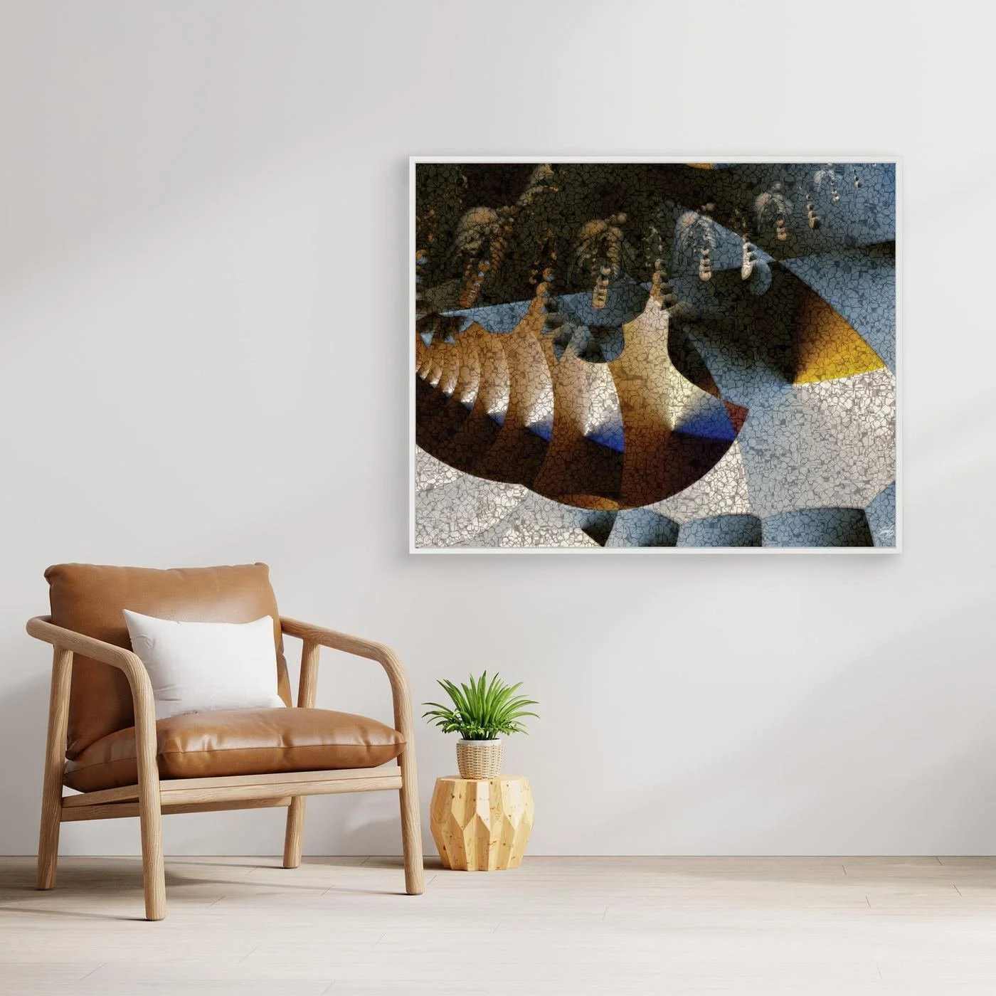 Abstract fine art print featuring textured geometric shapes, mosaic patterns, and a color palette of gold, brown, and blue, framed and ready to hang. With chair