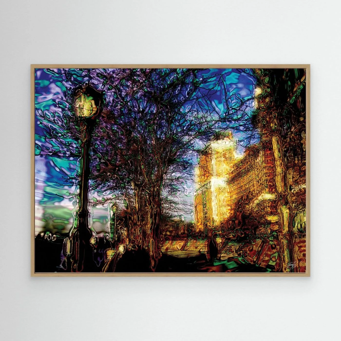 Abstract fine art print of a surreal city park at night with street lamp, bare trees, and electric blue, purple, and glowing gold liquid textures, framed and ready to hang. With wooden frame
